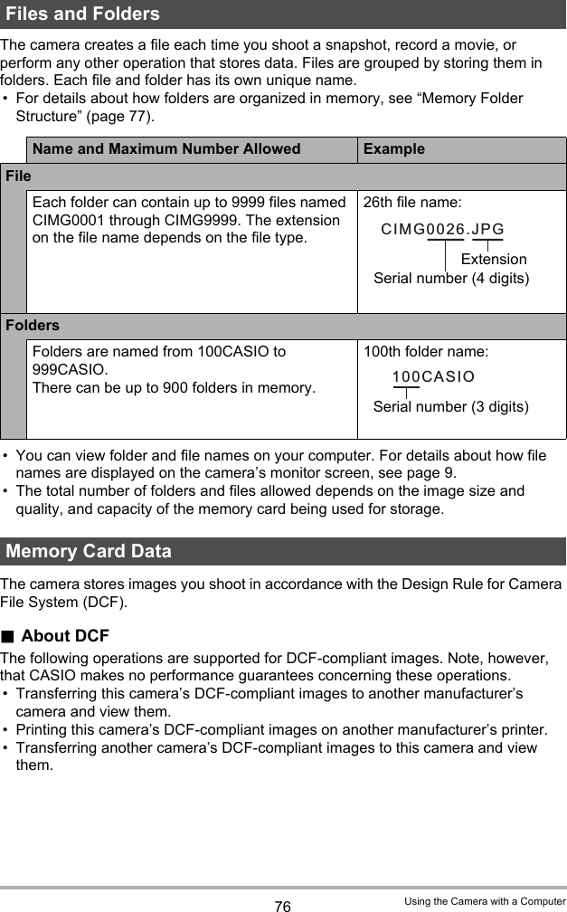 76 Using the Camera with a ComputerThe camera creates a file each time you shoot a snapshot, record a movie, or perform any other operation that stores data. Files are grouped by storing them in folders. Each file and folder has its own unique name.• For details about how folders are organized in memory, see “Memory Folder Structure” (page 77).• You can view folder and file names on your computer. For details about how file names are displayed on the camera’s monitor screen, see page 9.• The total number of folders and files allowed depends on the image size and quality, and capacity of the memory card being used for storage.The camera stores images you shoot in accordance with the Design Rule for Camera File System (DCF)..About DCFThe following operations are supported for DCF-compliant images. Note, however, that CASIO makes no performance guarantees concerning these operations.• Transferring this camera’s DCF-compliant images to another manufacturer’s camera and view them.• Printing this camera’s DCF-compliant images on another manufacturer’s printer.• Transferring another camera’s DCF-compliant images to this camera and view them.Files and FoldersName and Maximum Number Allowed ExampleFileEach folder can contain up to 9999 files named CIMG0001 through CIMG9999. The extension on the file name depends on the file type.26th file name:FoldersFolders are named from 100CASIO to 999CASIO.There can be up to 900 folders in memory.100th folder name:Memory Card DataCIMG0026.JPGExtensionSerial number (4 digits)100CASIOSerial number (3 digits)