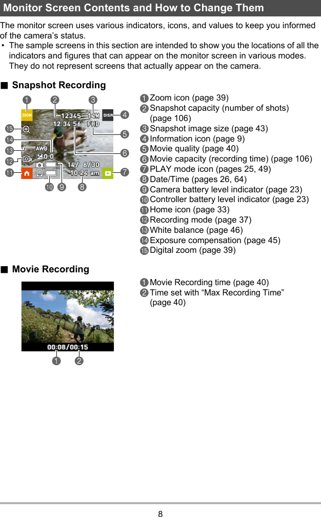 8The monitor screen uses various indicators, icons, and values to keep you informed of the camera’s status.• The sample screens in this section are intended to show you the locations of all the indicators and figures that can appear on the monitor screen in various modes. They do not represent screens that actually appear on the camera..Snapshot Recording.Movie RecordingMonitor Screen Contents and How to Change Them1Zoom icon (page 39)2Snapshot capacity (number of shots) (page 106)3Snapshot image size (page 43)4Information icon (page 9)5Movie quality (page 40)6Movie capacity (recording time) (page 106)7PLAY mode icon (pages 25, 49)8Date/Time (pages 26, 64)9Camera battery level indicator (page 23)bkController battery level indicator (page 23)blHome icon (page 33)bmRecording mode (page 37)bnWhite balance (page 46)boExposure compensation (page 45)bpDigital zoom (page 39)1Movie Recording time (page 40)2Time set with “Max Recording Time” (page 40)89bk12 34567bpbobnbmbl12