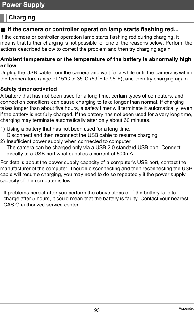 93 Appendix.If the camera or controller operation lamp starts flashing red...If the camera or controller operation lamp starts flashing red during charging, it means that further charging is not possible for one of the reasons below. Perform the actions described below to correct the problem and then try charging again.Ambient temperature or the temperature of the battery is abnormally high or lowUnplug the USB cable from the camera and wait for a while until the camera is within the temperature range of 15°C to 35°C (59°F to 95°F), and then try charging again.Safety timer activatedA battery that has not been used for a long time, certain types of computers, and connection conditions can cause charging to take longer than normal. If charging takes longer than about five hours, a safety timer will terminate it automatically, even if the battery is not fully charged. If the battery has not been used for a very long time, charging may terminate automatically after only about 60 minutes.1) Using a battery that has not been used for a long time.Disconnect and then reconnect the USB cable to resume charging.2) Insufficient power supply when connected to computerThe camera can be charged only via a USB 2.0 standard USB port. Connect directly to a USB port what supplies a current of 500mA.For details about the power supply capacity of a computer’s USB port, contact the manufacturer of the computer. Though disconnecting and then reconnecting the USB cable will resume charging, you may need to do so repeatedly if the power supply capacity of the computer is low.Power SupplyChargingIf problems persist after you perform the above steps or if the battery fails to charge after 5 hours, it could mean that the battery is faulty. Contact your nearest CASIO authorized service center.