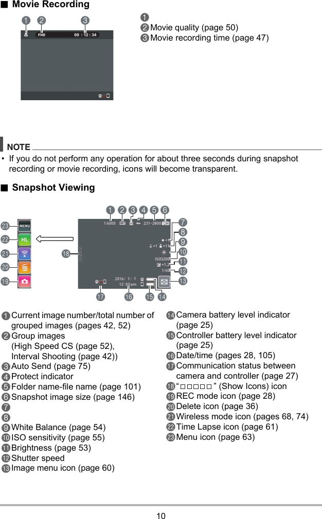 10.Movie RecordingNOTE• If you do not perform any operation for about three seconds during snapshot recording or movie recording, icons will become transparent..Snapshot ViewingMovie quality (page 50)Movie recording time (page 47)21 3bsckbtclcmcn543 6bqbr bp bo798bkblbmbn21Current image number/total number of grouped images (pages 42, 52)Group images (High Speed CS (page 52), Interval Shooting (page 42))Auto Send (page 75)Protect indicatorFolder name-file name (page 101)Snapshot image size (page 146)White Balance (page 54)ISO sensitivity (page 55)Brightness (page 53)Shutter speedImage menu icon (page 60)Camera battery level indicator (page 25)Controller battery level indicator (page 25)Date/time (pages 28, 105)Communication status between camera and controller (page 27)“ ” (Show Icons) iconREC mode icon (page 28)Delete icon (page 36)Wireless mode icon (pages 68, 74)Time Lapse icon (page 61)Menu icon (page 63)