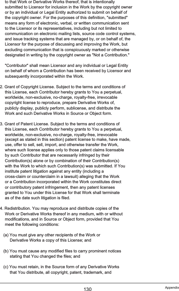 130 Appendix      to that Work or Derivative Works thereof, that is intentionally      submitted to Licensor for inclusion in the Work by the copyright owner      or by an individual or Legal Entity authorized to submit on behalf of      the copyright owner. For the purposes of this definition, &quot;submitted&quot;      means any form of electronic, verbal, or written communication sent      to the Licensor or its representatives, including but not limited to      communication on electronic mailing lists, source code control systems,      and issue tracking systems that are managed by, or on behalf of, the      Licensor for the purpose of discussing and improving the Work, but      excluding communication that is conspicuously marked or otherwise      designated in writing by the copyright owner as &quot;Not a Contribution.&quot;      &quot;Contributor&quot; shall mean Licensor and any individual or Legal Entity      on behalf of whom a Contribution has been received by Licensor and      subsequently incorporated within the Work.   2. Grant of Copyright License. Subject to the terms and conditions of      this License, each Contributor hereby grants to You a perpetual,      worldwide, non-exclusive, no-charge, royalty-free, irrevocable      copyright license to reproduce, prepare Derivative Works of,      publicly display, publicly perform, sublicense, and distribute the      Work and such Derivative Works in Source or Object form.   3. Grant of Patent License. Subject to the terms and conditions of      this License, each Contributor hereby grants to You a perpetual,      worldwide, non-exclusive, no-charge, royalty-free, irrevocable      (except as stated in this section) patent license to make, have made,      use, offer to sell, sell, import, and otherwise transfer the Work,      where such license applies only to those patent claims licensable      by such Contributor that are necessarily infringed by their      Contribution(s) alone or by combination of their Contribution(s)      with the Work to which such Contribution(s) was submitted. If You      institute patent litigation against any entity (including a      cross-claim or counterclaim in a lawsuit) alleging that the Work      or a Contribution incorporated within the Work constitutes direct      or contributory patent infringement, then any patent licenses      granted to You under this License for that Work shall terminate      as of the date such litigation is filed.   4. Redistribution. You may reproduce and distribute copies of the      Work or Derivative Works thereof in any medium, with or without      modifications, and in Source or Object form, provided that You      meet the following conditions:      (a) You must give any other recipients of the Work or          Derivative Works a copy of this License; and      (b) You must cause any modified files to carry prominent notices          stating that You changed the files; and      (c) You must retain, in the Source form of any Derivative Works          that You distribute, all copyright, patent, trademark, and
