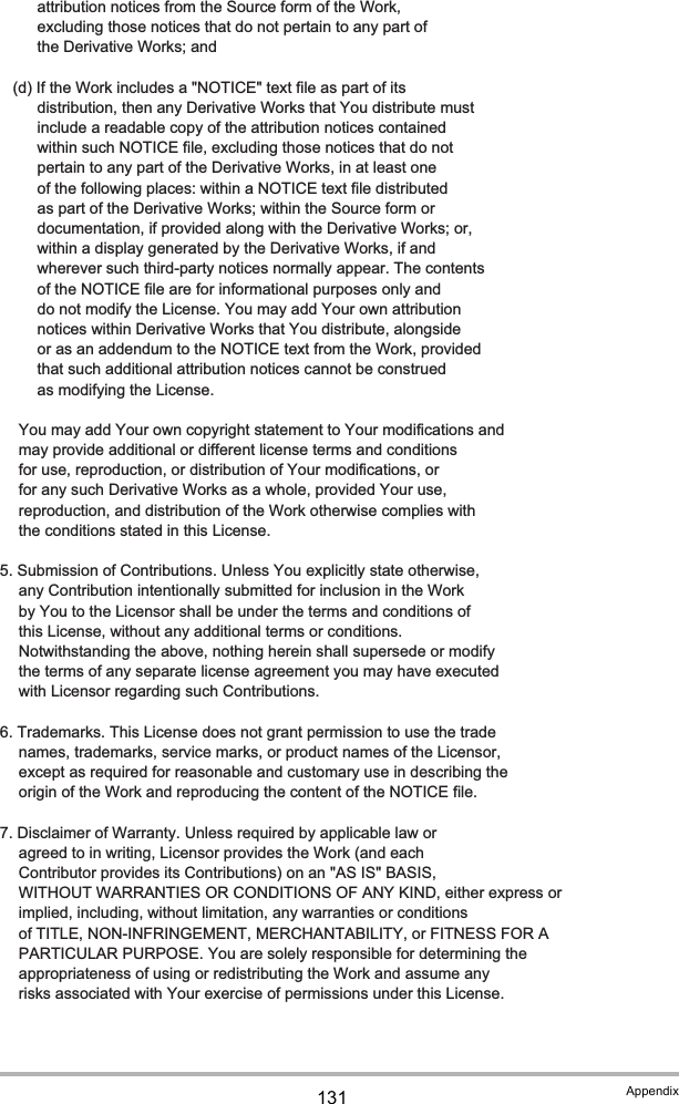 131 Appendix          attribution notices from the Source form of the Work,          excluding those notices that do not pertain to any part of          the Derivative Works; and      (d) If the Work includes a &quot;NOTICE&quot; text file as part of its          distribution, then any Derivative Works that You distribute must          include a readable copy of the attribution notices contained          within such NOTICE file, excluding those notices that do not          pertain to any part of the Derivative Works, in at least one          of the following places: within a NOTICE text file distributed          as part of the Derivative Works; within the Source form or          documentation, if provided along with the Derivative Works; or,          within a display generated by the Derivative Works, if and          wherever such third-party notices normally appear. The contents          of the NOTICE file are for informational purposes only and          do not modify the License. You may add Your own attribution          notices within Derivative Works that You distribute, alongside          or as an addendum to the NOTICE text from the Work, provided          that such additional attribution notices cannot be construed          as modifying the License.      You may add Your own copyright statement to Your modifications and      may provide additional or different license terms and conditions      for use, reproduction, or distribution of Your modifications, or      for any such Derivative Works as a whole, provided Your use,      reproduction, and distribution of the Work otherwise complies with      the conditions stated in this License.   5. Submission of Contributions. Unless You explicitly state otherwise,      any Contribution intentionally submitted for inclusion in the Work      by You to the Licensor shall be under the terms and conditions of      this License, without any additional terms or conditions.      Notwithstanding the above, nothing herein shall supersede or modify      the terms of any separate license agreement you may have executed      with Licensor regarding such Contributions.   6. Trademarks. This License does not grant permission to use the trade      names, trademarks, service marks, or product names of the Licensor,      except as required for reasonable and customary use in describing the      origin of the Work and reproducing the content of the NOTICE file.   7. Disclaimer of Warranty. Unless required by applicable law or      agreed to in writing, Licensor provides the Work (and each      Contributor provides its Contributions) on an &quot;AS IS&quot; BASIS,      WITHOUT WARRANTIES OR CONDITIONS OF ANY KIND, either express or      implied, including, without limitation, any warranties or conditions      of TITLE, NON-INFRINGEMENT, MERCHANTABILITY, or FITNESS FOR A      PARTICULAR PURPOSE. You are solely responsible for determining the      appropriateness of using or redistributing the Work and assume any      risks associated with Your exercise of permissions under this License.