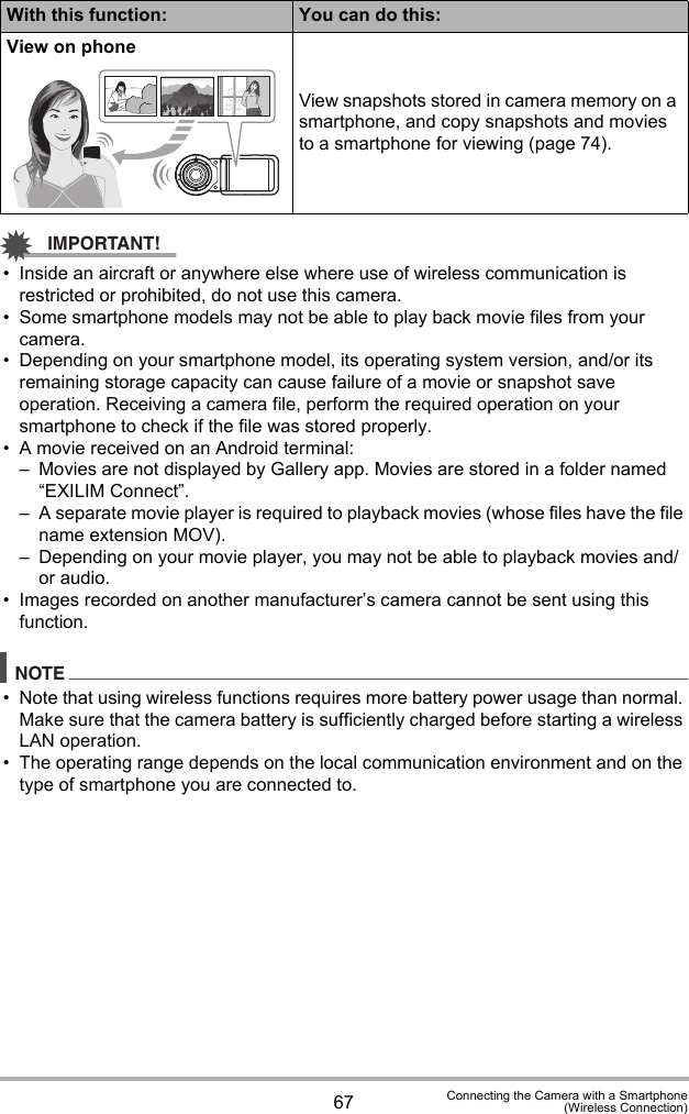 67 Connecting the Camera with a Smartphone(Wireless Connection)IMPORTANT!• Inside an aircraft or anywhere else where use of wireless communication is restricted or prohibited, do not use this camera.• Some smartphone models may not be able to play back movie files from your camera.• Depending on your smartphone model, its operating system version, and/or its remaining storage capacity can cause failure of a movie or snapshot save operation. Receiving a camera file, perform the required operation on your smartphone to check if the file was stored properly.• A movie received on an Android terminal:– Movies are not displayed by Gallery app. Movies are stored in a folder named “EXILIM Connect”.– A separate movie player is required to playback movies (whose files have the file name extension MOV).– Depending on your movie player, you may not be able to playback movies and/or audio.• Images recorded on another manufacturer’s camera cannot be sent using this function.NOTE• Note that using wireless functions requires more battery power usage than normal. Make sure that the camera battery is sufficiently charged before starting a wireless LAN operation.• The operating range depends on the local communication environment and on the type of smartphone you are connected to.View on phoneView snapshots stored in camera memory on a smartphone, and copy snapshots and movies to a smartphone for viewing (page 74).With this function: You can do this: