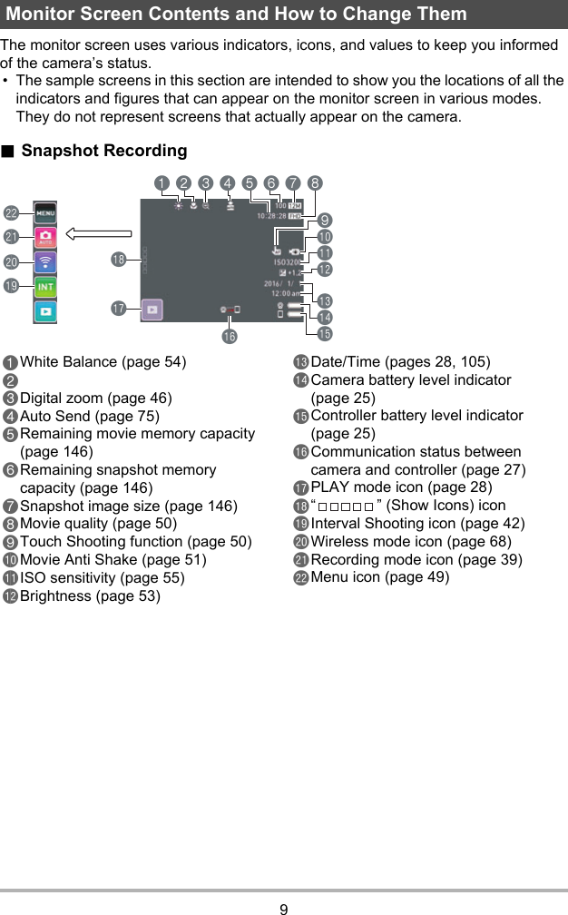 9The monitor screen uses various indicators, icons, and values to keep you informed of the camera’s status.• The sample screens in this section are intended to show you the locations of all the indicators and figures that can appear on the monitor screen in various modes. They do not represent screens that actually appear on the camera..Snapshot RecordingMonitor Screen Contents and How to Change Thembrbsbtckclcm12 4 65 7 8bobnblbkbpbqbm39White Balance (page 54)Digital zoom (page 46)Auto Send (page 75)Remaining movie memory capacity (page 146)Remaining snapshot memory capacity (page 146)Snapshot image size (page 146)Movie quality (page 50)Touch Shooting function (page 50)Movie Anti Shake (page 51)ISO sensitivity (page 55)Brightness (page 53)Date/Time (pages 28, 105)Camera battery level indicator (page 25)Controller battery level indicator (page 25)Communication status between camera and controller (page 27)PLAY mode icon (page 28)“ ” (Show Icons) iconInterval Shooting icon (page 42)Wireless mode icon (page 68)Recording mode icon (page 39)Menu icon (page 49)