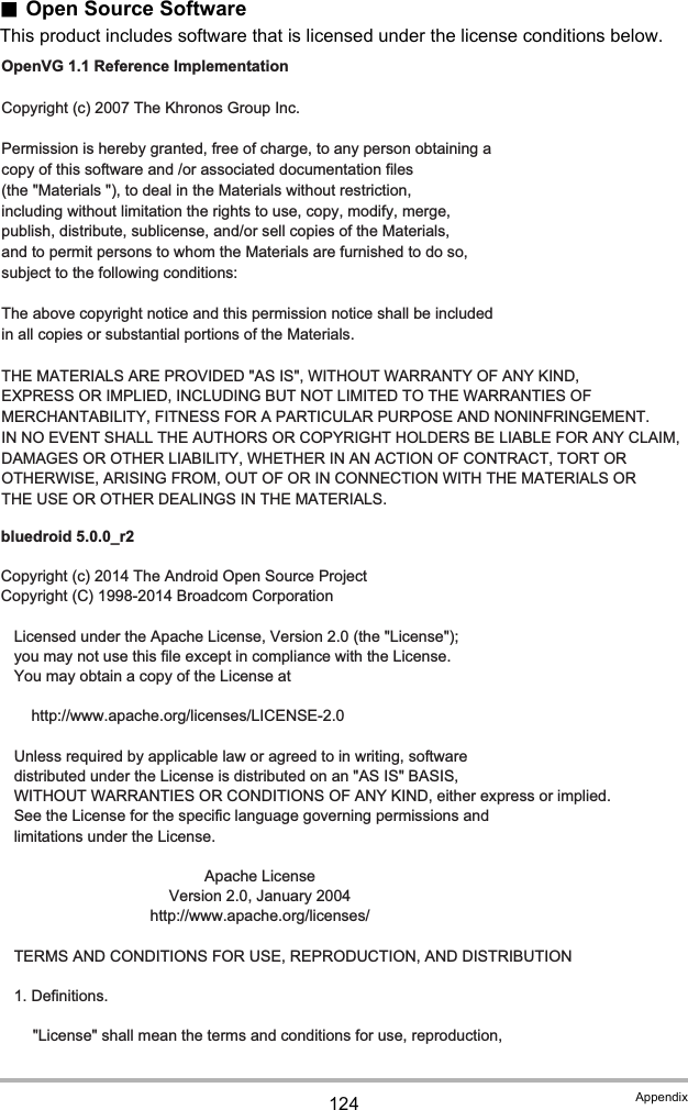 124 Appendix.Open Source SoftwareThis product includes software that is licensed under the license conditions below.OpenVG 1.1 Reference ImplementationCopyright (c) 2007 The Khronos Group Inc.Permission is hereby granted, free of charge, to any person obtaining acopy of this software and /or associated documentation files(the &quot;Materials &quot;), to deal in the Materials without restriction,including without limitation the rights to use, copy, modify, merge,publish, distribute, sublicense, and/or sell copies of the Materials,and to permit persons to whom the Materials are furnished to do so,subject to the following conditions: The above copyright notice and this permission notice shall be included in all copies or substantial portions of the Materials. THE MATERIALS ARE PROVIDED &quot;AS IS&quot;, WITHOUT WARRANTY OF ANY KIND,EXPRESS OR IMPLIED, INCLUDING BUT NOT LIMITED TO THE WARRANTIES OFMERCHANTABILITY, FITNESS FOR A PARTICULAR PURPOSE AND NONINFRINGEMENT.IN NO EVENT SHALL THE AUTHORS OR COPYRIGHT HOLDERS BE LIABLE FOR ANY CLAIM,DAMAGES OR OTHER LIABILITY, WHETHER IN AN ACTION OF CONTRACT, TORT OROTHERWISE, ARISING FROM, OUT OF OR IN CONNECTION WITH THE MATERIALS ORTHE USE OR OTHER DEALINGS IN THE MATERIALS.bluedroid 5.0.0_r2Copyright (c) 2014 The Android Open Source ProjectCopyright (C) 1998-2014 Broadcom Corporation   Licensed under the Apache License, Version 2.0 (the &quot;License&quot;);   you may not use this file except in compliance with the License.   You may obtain a copy of the License at       http://www.apache.org/licenses/LICENSE-2.0   Unless required by applicable law or agreed to in writing, software   distributed under the License is distributed on an &quot;AS IS&quot; BASIS,   WITHOUT WARRANTIES OR CONDITIONS OF ANY KIND, either express or implied.   See the License for the specific language governing permissions and   limitations under the License. Apache License  Version 2.0, January 2004 http://www.apache.org/licenses/   TERMS AND CONDITIONS FOR USE, REPRODUCTION, AND DISTRIBUTION   1. Definitions.      &quot;License&quot; shall mean the terms and conditions for use, reproduction,