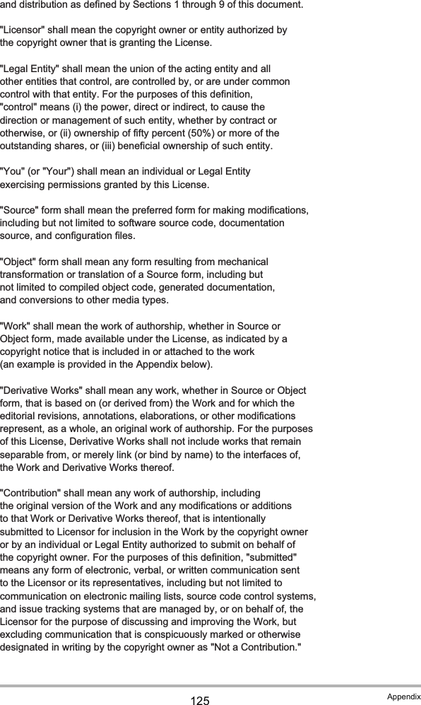 125 Appendix      and distribution as defined by Sections 1 through 9 of this document.      &quot;Licensor&quot; shall mean the copyright owner or entity authorized by      the copyright owner that is granting the License.      &quot;Legal Entity&quot; shall mean the union of the acting entity and all      other entities that control, are controlled by, or are under common      control with that entity. For the purposes of this definition,      &quot;control&quot; means (i) the power, direct or indirect, to cause the      direction or management of such entity, whether by contract or      otherwise, or (ii) ownership of fifty percent (50%) or more of the      outstanding shares, or (iii) beneficial ownership of such entity.      &quot;You&quot; (or &quot;Your&quot;) shall mean an individual or Legal Entity      exercising permissions granted by this License.      &quot;Source&quot; form shall mean the preferred form for making modifications,      including but not limited to software source code, documentation      source, and configuration files.      &quot;Object&quot; form shall mean any form resulting from mechanical      transformation or translation of a Source form, including but      not limited to compiled object code, generated documentation,      and conversions to other media types.      &quot;Work&quot; shall mean the work of authorship, whether in Source or      Object form, made available under the License, as indicated by a      copyright notice that is included in or attached to the work      (an example is provided in the Appendix below).      &quot;Derivative Works&quot; shall mean any work, whether in Source or Object      form, that is based on (or derived from) the Work and for which the      editorial revisions, annotations, elaborations, or other modifications      represent, as a whole, an original work of authorship. For the purposes      of this License, Derivative Works shall not include works that remain      separable from, or merely link (or bind by name) to the interfaces of,      the Work and Derivative Works thereof.      &quot;Contribution&quot; shall mean any work of authorship, including      the original version of the Work and any modifications or additions      to that Work or Derivative Works thereof, that is intentionally      submitted to Licensor for inclusion in the Work by the copyright owner      or by an individual or Legal Entity authorized to submit on behalf of      the copyright owner. For the purposes of this definition, &quot;submitted&quot;      means any form of electronic, verbal, or written communication sent      to the Licensor or its representatives, including but not limited to      communication on electronic mailing lists, source code control systems,      and issue tracking systems that are managed by, or on behalf of, the      Licensor for the purpose of discussing and improving the Work, but      excluding communication that is conspicuously marked or otherwise      designated in writing by the copyright owner as &quot;Not a Contribution.&quot;