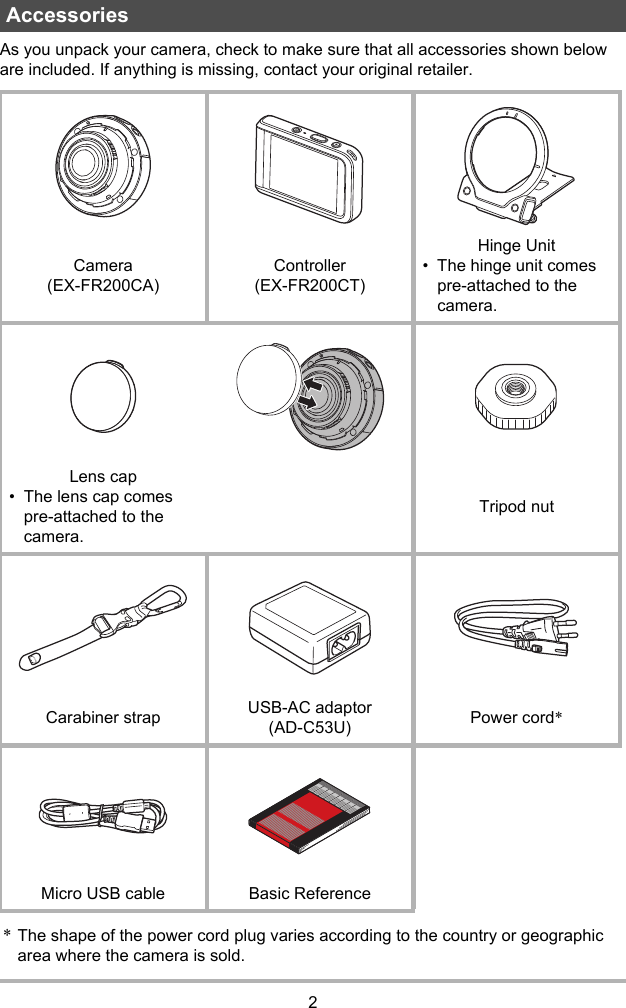 2As you unpack your camera, check to make sure that all accessories shown below are included. If anything is missing, contact your original retailer.*The shape of the power cord plug varies according to the country or geographic area where the camera is sold.AccessoriesCamera (EX-FR200CA)Controller (EX-FR200CT)Hinge Unit• The hinge unit comes pre-attached to the camera.Lens cap• The lens cap comes pre-attached to the camera.Tripod nutCarabiner strap USB-AC adaptor(AD-C53U) Power cord*Micro USB cable Basic Reference