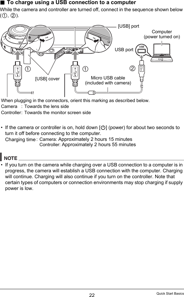 22 Quick Start Basics.To charge using a USB connection to a computerWhile the camera and controller are turned off, connect in the sequence shown below (, ).• If the camera or controller is on, hold down [p] (power) for about two seconds to turn it off before connecting to the computer.NOTE• If you turn on the camera while charging over a USB connection to a computer is in progress, the camera will establish a USB connection with the computer. Charging will continue. Charging will also continue if you turn on the controller. Note that certain types of computers or connection environments may stop charging if supply power is low.Charging time : Camera: Approximately 2 hours 15 minutesController: Approximately 2 hours 55 minutesUSB211Micro USB cable (included with camera)[USB] portUSB portComputer (power turned on)When plugging in the connectors, orient this marking as described below.Camera :  Towards the lens sideController: Towards the monitor screen side[USB] cover