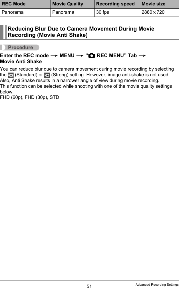 51 Advanced Recording SettingsProcedureEnter the REC mode * MENU * “rREC MENU” Tab * Movie Anti ShakeYou can reduce blur due to camera movement during movie recording by selecting the   (Standard) or   (Strong) setting. However, image anti-shake is not used. Also, Anti Shake results in a narrower angle of view during movie recording.This function can be selected while shooting with one of the movie quality settings below.FHD (60p), FHD (30p), STDPanorama Panorama 30 fps 2880x720Reducing Blur Due to Camera Movement During Movie Recording (Movie Anti Shake)REC Mode Movie Quality Recording speed Movie size