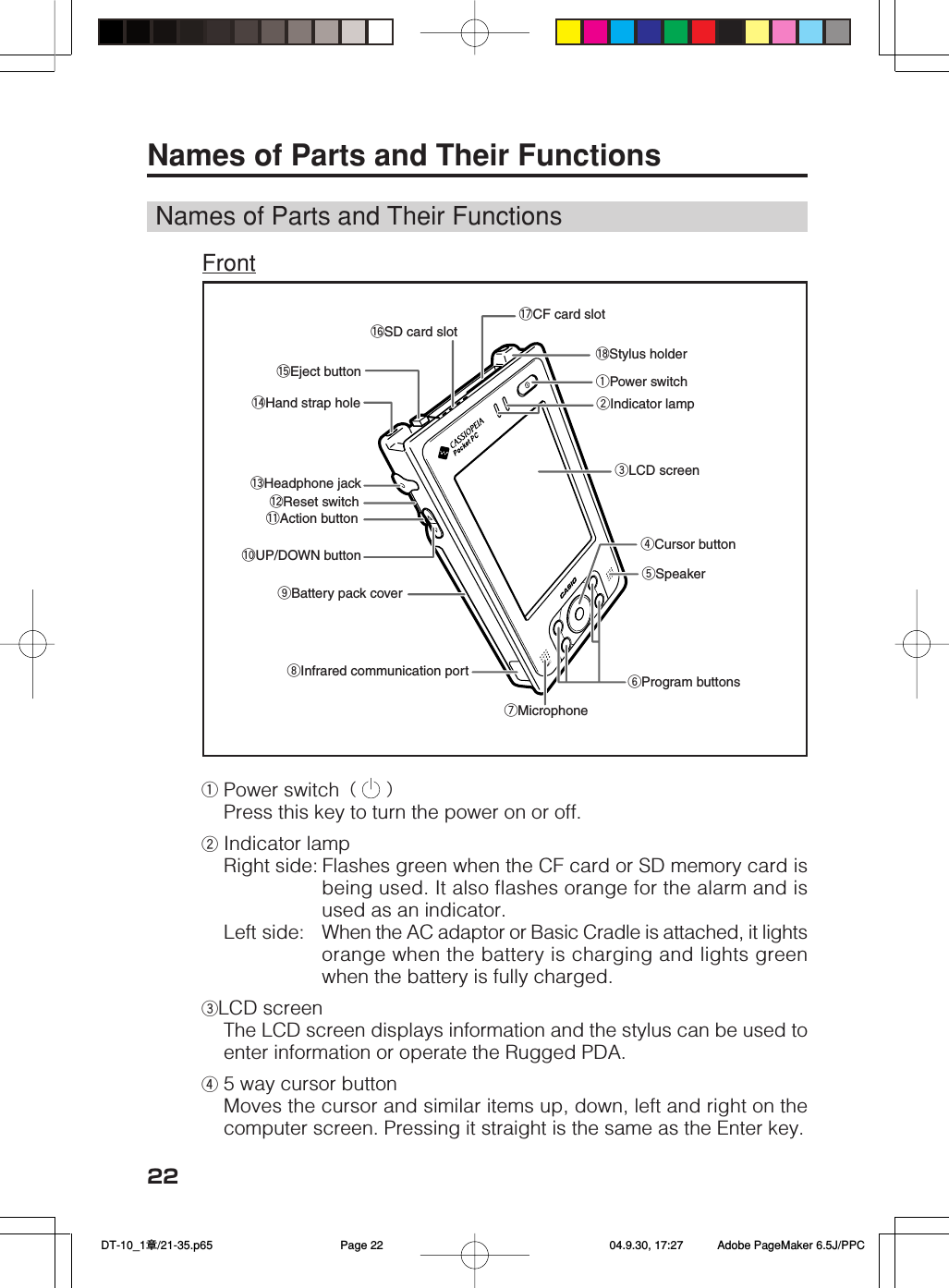 22Names of Parts and Their FunctionsNames of Parts and Their FunctionsFrontqPower switch（   ）Press this key to turn the power on or off.wIndicator lampRight side: Flashes green when the CF card or SD memory card isbeing used. It also flashes orange for the alarm and isused as an indicator.Left side: When the AC adaptor or Basic Cradle is attached, it lightsorange when the battery is charging and lights greenwhen the battery is fully charged.eLCD screenThe LCD screen displays information and the stylus can be used toenter information or operate the Rugged PDA.r5 way cursor buttonMoves the cursor and similar items up, down, left and right on thecomputer screen. Pressing it straight is the same as the Enter key.uMicrophoneiInfrared communication portoBattery pack cover!0UP/DOWN button!1Action button!2Reset switch!3Headphone jack!4Hand strap hole!5Eject button!6SD card slotqPower switchwIndicator lampeLCD screenrCursor buttontSpeakeryProgram buttons!7CF card slot!8Stylus holder DT-10_1章/21-35.p65 04.9.30, 17:27Page 22 Adobe PageMaker 6.5J/PPC