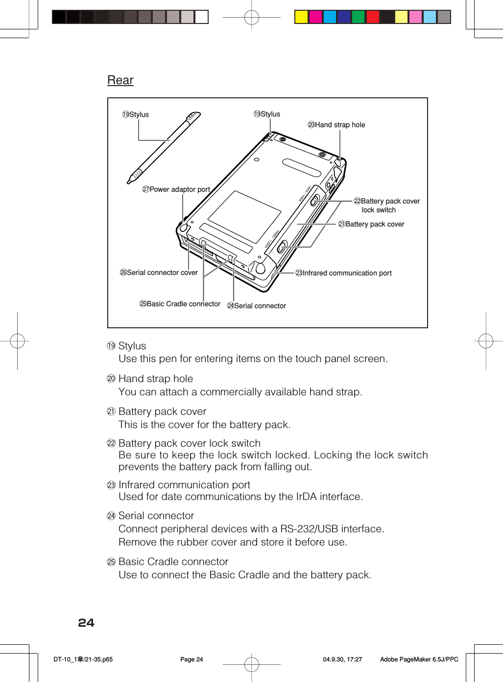 24Rear!9Stylus@0Hand strap hole@1Battery pack cover@2Battery pack cover     lock switch@3Infrared communication port@4Serial connector@5Basic Cradle connector@7Power adaptor port!9Stylus@6Serial connector cover!9 StylusUse this pen for entering items on the touch panel screen.@0 Hand strap holeYou can attach a commercially available hand strap.@1 Battery pack coverThis is the cover for the battery pack.@2 Battery pack cover lock switchBe sure to keep the lock switch locked. Locking the lock switchprevents the battery pack from falling out.@3 Infrared communication portUsed for date communications by the IrDA interface.@4 Serial connectorConnect peripheral devices with a RS-232/USB interface.Remove the rubber cover and store it before use.@5 Basic Cradle connectorUse to connect the Basic Cradle and the battery pack. DT-10_1章/21-35.p65 04.9.30, 17:27Page 24 Adobe PageMaker 6.5J/PPC