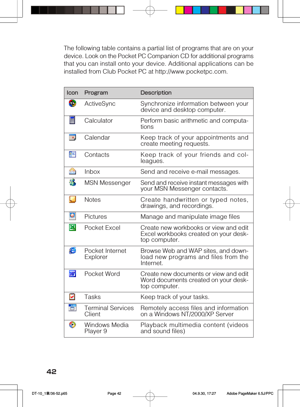 42The following table contains a partial list of programs that are on yourdevice. Look on the Pocket PC Companion CD for additional programsthat you can install onto your device. Additional applications can beinstalled from Club Pocket PC at http://www.pocketpc.com.Icon ProgramActiveSyncCalculatorCalendarContactsInboxMSN MessengerNotesPicturesPocket ExcelPocket InternetExplorerPocket WordTasksTerminal ServicesClientWindows MediaPlayer 9DescriptionSynchronize information between yourdevice and desktop computer.Perform basic arithmetic and computa-tionsKeep track of your appointments andcreate meeting requests.Keep track of your friends and col-leagues.Send and receive e-mail messages.Send and receive instant messages withyour MSN Messenger contacts.Create handwritten or typed notes,drawings, and recordings.Manage and manipulate image filesCreate new workbooks or view and editExcel workbooks created on your desk-top computer.Browse Web and WAP sites, and down-load new programs and files from theInternet.Create new documents or view and editWord documents created on your desk-top computer.Keep track of your tasks.Remotely access files and informationon a Windows NT/2000/XP ServerPlayback multimedia content (videosand sound files) DT-10_1章/36-52.p65 04.9.30, 17:27Page 42 Adobe PageMaker 6.5J/PPC