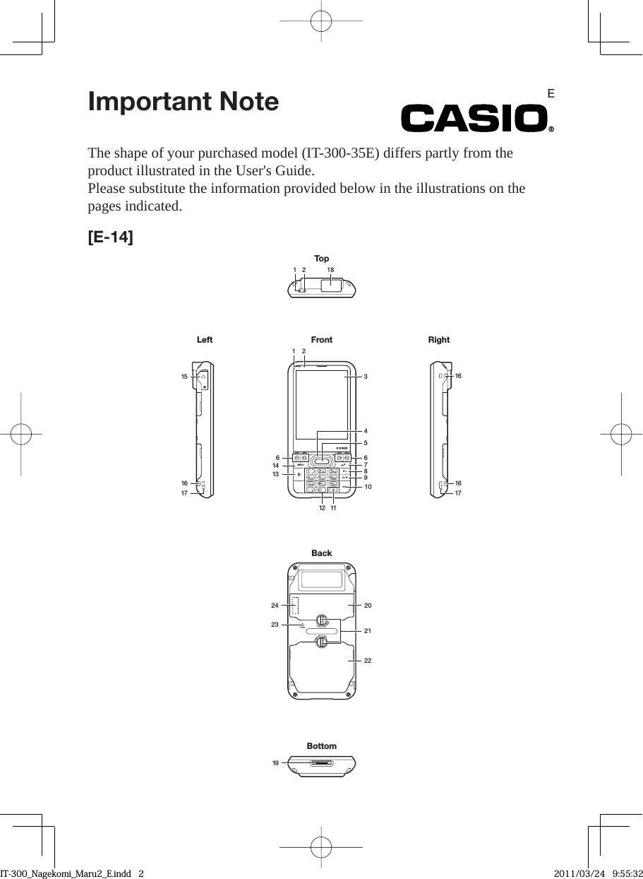 Important Note  EThe shape of your purchased model (IT-300-35E) differs partly from the product illustrated in the User&apos;s Guide.Please substitute the information provided below in the illustrations on the pages indicated.[E-14]12 1817161615161719TopFrontBackBottomRightLeft131412364587911121062324222021IT-300_Nagekomi_Maru2_E.indd   2IT-300_Nagekomi_Maru2_E.indd   2 2011/03/24   9:55:322011/03/24   9:55:32
