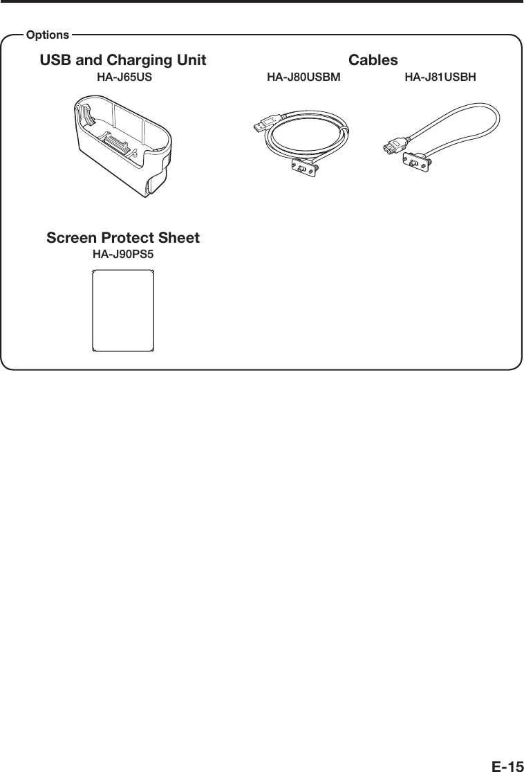 E-15Options USB and Charging UnitHA-J65USScreen Protect SheetHA-J90PS5Cables     HA-J80USBM                    HA-J81USBH