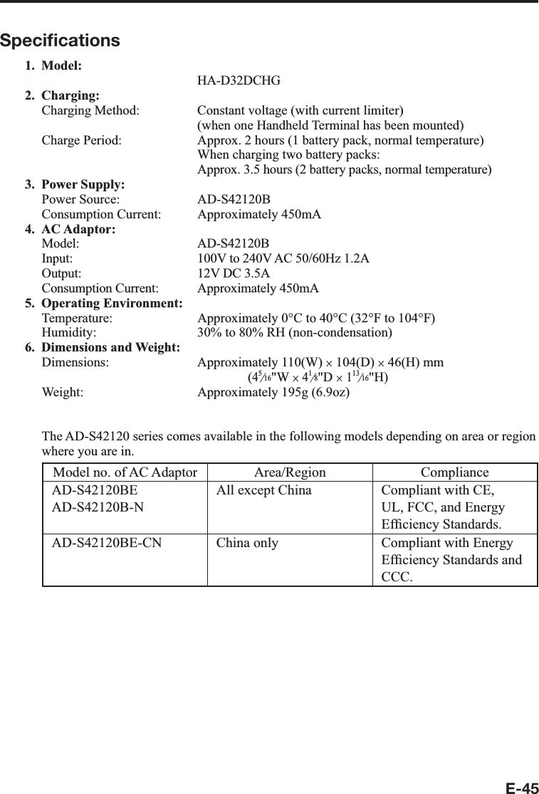 E-45Speciﬁ cations1. Model: HA-D32DCHG2. Charging:Charging Method:   Constant voltage (with current limiter)  (when one Handheld Terminal has been mounted)Charge Period:   Approx. 2 hours (1 battery pack, normal temperature)  When charging two battery packs:  Approx. 3.5 hours (2 battery packs, normal temperature)3. Power Supply:Power Source:  AD-S42120BConsumption Current:  Approximately 450mA 4. AC Adaptor:Model: AD-S42120BInput:  100V to 240V AC 50/60Hz 1.2AOutput:  12V DC 3.5AConsumption Current:  Approximately 450mA 5. Operating Environment:Temperature:   Approximately 0°C to 40°C (32°F to 104°F)Humidity:  30% to 80% RH (non-condensation)6. Dimensions and Weight:Dimensions: Approximately 110(W) u 104(D) u 46(H) mm  (4e&quot;W u 4e&quot;D u 1e&quot;H)Weight:  Approximately 195g (6.9oz)The AD-S42120 series comes available in the following models depending on area or region where you are in.Model no. of AC Adaptor Area/Region ComplianceAD-S42120BEAD-S42120B-NAll except China Compliant with CE, UL, FCC, and Energy Ef¿ ciency Standards.AD-S42120BE-CN China only Compliant with Energy Ef¿ ciency Standards and CCC.
