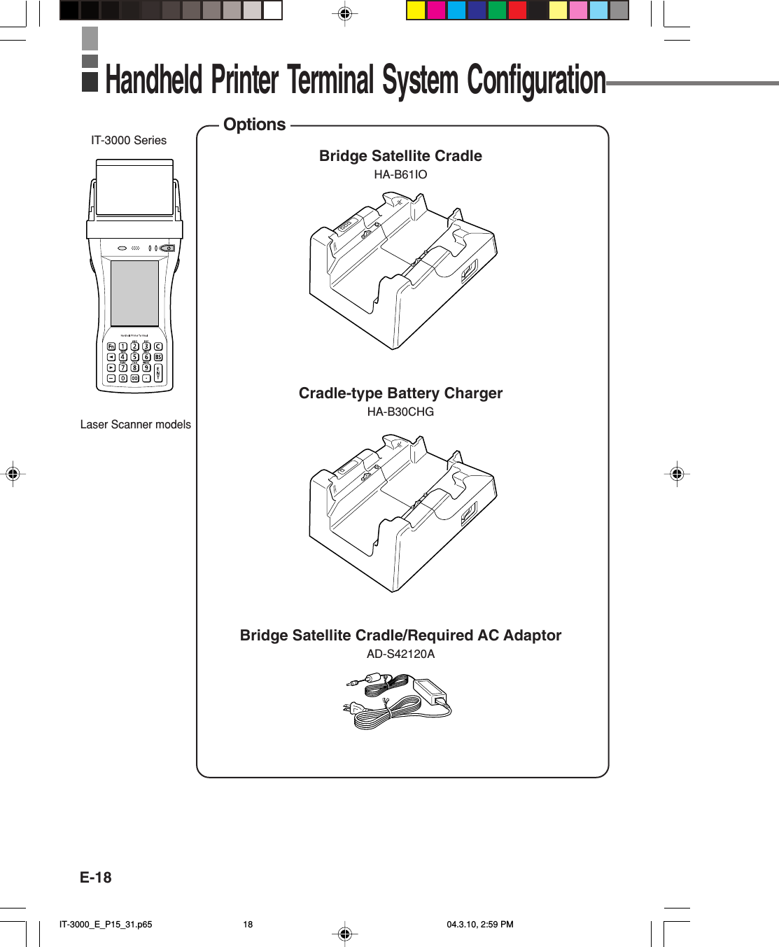 E-18OptionsIT-3000 SeriesLaser Scanner modelsBridge Satellite Cradle/Required AC AdaptorAD-S42120ACradle-type Battery ChargerHA-B30CHGHA-B61IOBridge Satellite CradleHandheld Printer Terminal System ConfigurationIT-3000_E_P15_31.p65 04.3.10, 2:59 PM18