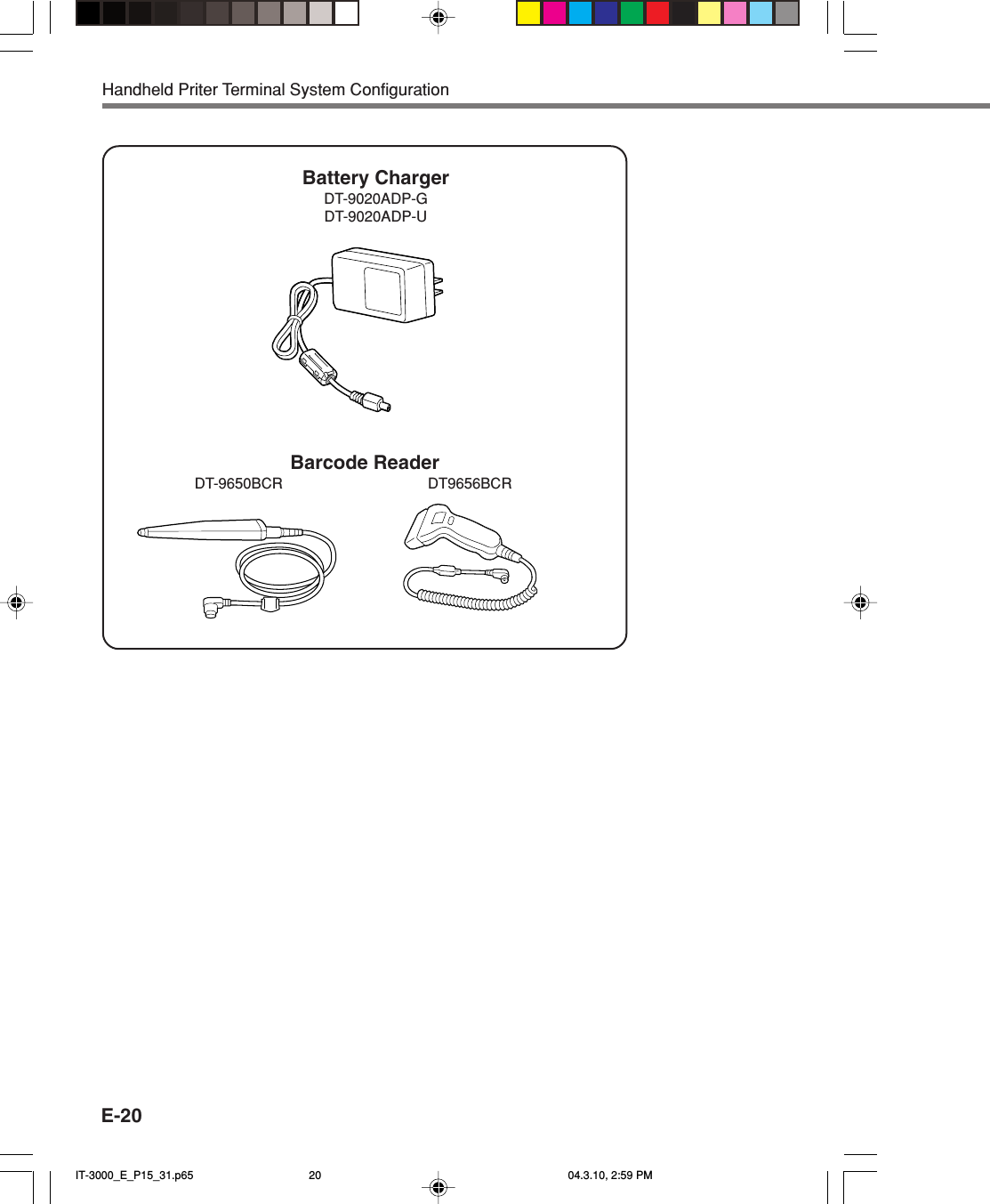E-20Battery ChargerDT-9020ADP-GDT-9020ADP-UBarcode ReaderDT-9650BCR DT9656BCRHandheld Priter Terminal System ConfigurationIT-3000_E_P15_31.p65 04.3.10, 2:59 PM20