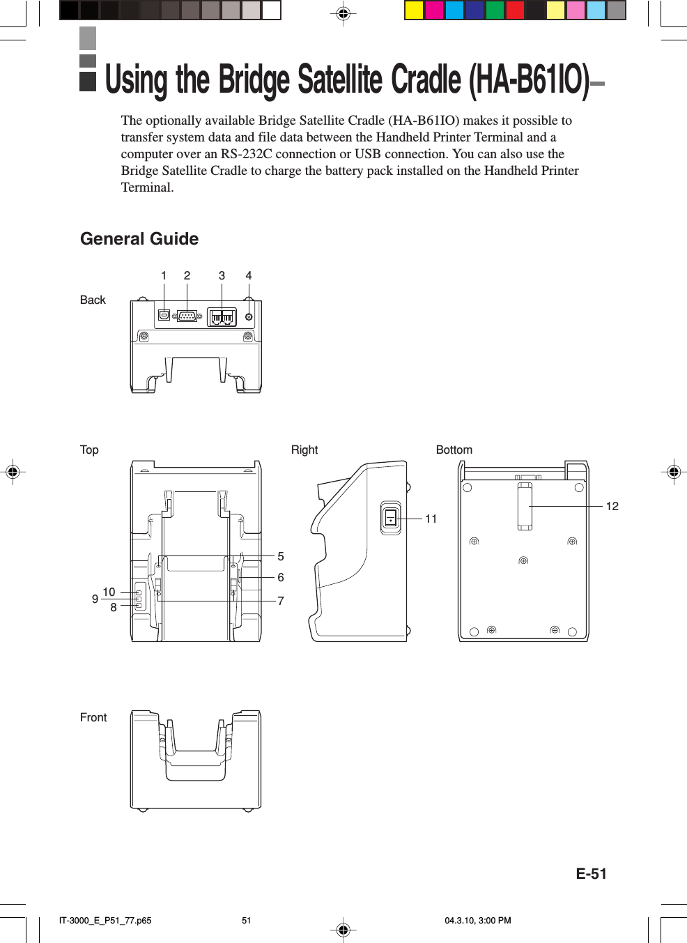 E-51BottomFrontRightBackTop110957823 461112The optionally available Bridge Satellite Cradle (HA-B61IO) makes it possible totransfer system data and file data between the Handheld Printer Terminal and acomputer over an RS-232C connection or USB connection. You can also use theBridge Satellite Cradle to charge the battery pack installed on the Handheld PrinterTerminal.General GuideUsing the Bridge Satellite Cradle (HA-B61IO)IT-3000_E_P51_77.p65 04.3.10, 3:00 PM51