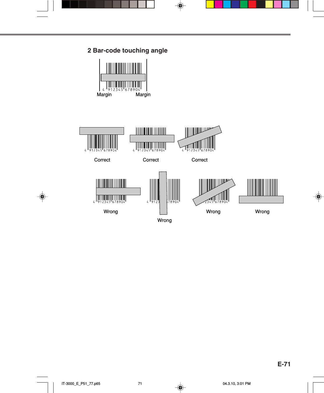 E-712 Bar-code touching angleMarginCorrect Correct CorrectWrongWrongWrong WrongMarginIT-3000_E_P51_77.p65 04.3.10, 3:01 PM71