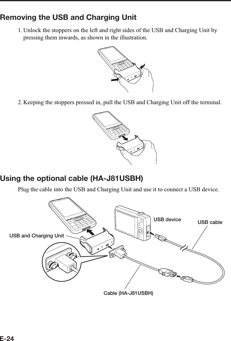 E-24Removing the USB and Charging Unit1. Unlock the stoppers on the left and right sides of the USB and Charging Unit by pressing them inwards, as shown in the illustration.2. Keeping the stoppers pressed in, pull the USB and Charging Unit off the terminal.Using the optional cable (HA-J81USBH)Plug the cable into the USB and Charging Unit and use it to connect a USB device.Cable (HA-J81USBH)USB and Charging UnitUSB cableUSB device