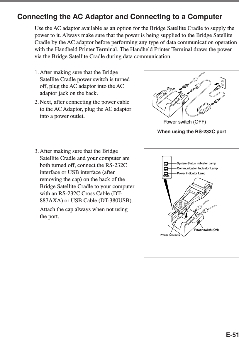 E-51Connecting the AC Adaptor and Connecting to a ComputerUse the AC adaptor available as an option for the Bridge Satellite Cradle to supply thepower to it. Always make sure that the power is being supplied to the Bridge SatelliteCradle by the AC adaptor before performing any type of data communication operationwith the Handheld Printer Terminal. The Handheld Printer Terminal draws the powervia the Bridge Satellite Cradle during data communication.1. After making sure that the BridgeSatellite Cradle power switch is turnedoff, plug the AC adaptor into the ACadaptor jack on the back.2. Next, after connecting the power cableto the AC Adaptor, plug the AC adaptorinto a power outlet.3. After making sure that the BridgeSatellite Cradle and your computer areboth turned off, connect the RS-232Cinterface or USB interface (afterremoving the cap) on the back of theBridge Satellite Cradle to your computerwith an RS-232C Cross Cable (DT-887AXA) or USB Cable (DT-380USB).Attach the cap always when not usingthe port.When using the RS-232C portPower switch (OFF)POWERDATALINESystem Status Indicator LampPower indicator LampCommunication Indicator LampPower contactsPower switch (ON)