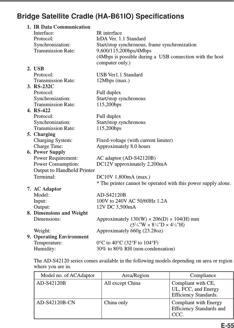 E-55Model no. of ACAdaptor Area/Region ComplianceAD-S42120B All except China Compliant with CE,UL, FCC, and EnergyEfficiency Standards.AD-S42120B-CN China only Compliant with EnergyEfficiency Standards andCCC.Bridge Satellite Cradle (HA-B61IO) Specifications1. IR Data CommunicationInterface: IR interfaceProtocol: IrDA Ver. 1.1 StandardSynchronization: Start/stop synchronous, frame synchronizationTransmission Rate: 9,600/115,200bps/4Mbps(4Mbps is possible during a  USB connection with the hostcomputer only.)2. USBProtocol: USB Ver1.1 StandardTransmission Rate: 12Mbps (max.)3. RS-232CProtocol: Full duplexSynchronization: Start/stop synchronousTransmission Rate: 115,200bps4. RS-422Protocol: Full duplexSynchronization: Start/stop synchronousTransmission Rate: 115,200bps5. ChargingCharging System: Fixed-voltage (with current limiter)Charge Time: Approximately 8.0 hours6. Power SupplyPower Requirement: AC adaptor (AD-S42120B)Power Consumption: DC12V approximately 2,200mAOutput to Handheld PrinterTerminal:DC10V 1,800mA (max.)* The printer cannot be operated with this power supply alone.7. AC AdaptorModel: AD-S42120BInput: 100V to 240V AC 50/60Hz 1.2AOutput: 12V DC 3,500mA8. Dimensions and WeightDimensions: Approximately 130(W) × 206(D) × 104(H) mm(51⁄8&quot;W × 81⁄8&quot;D × 41⁄8&quot;H)Weight: Approximately 660g (23.28oz)9. Operating EnvironmentTemperature: 0°C to 40°C (32°F to 104°F)Humidity: 30% to 80% RH (non-condensation)The AD-S42120 series comes available in the following models depending on area or regionwhere you are in.