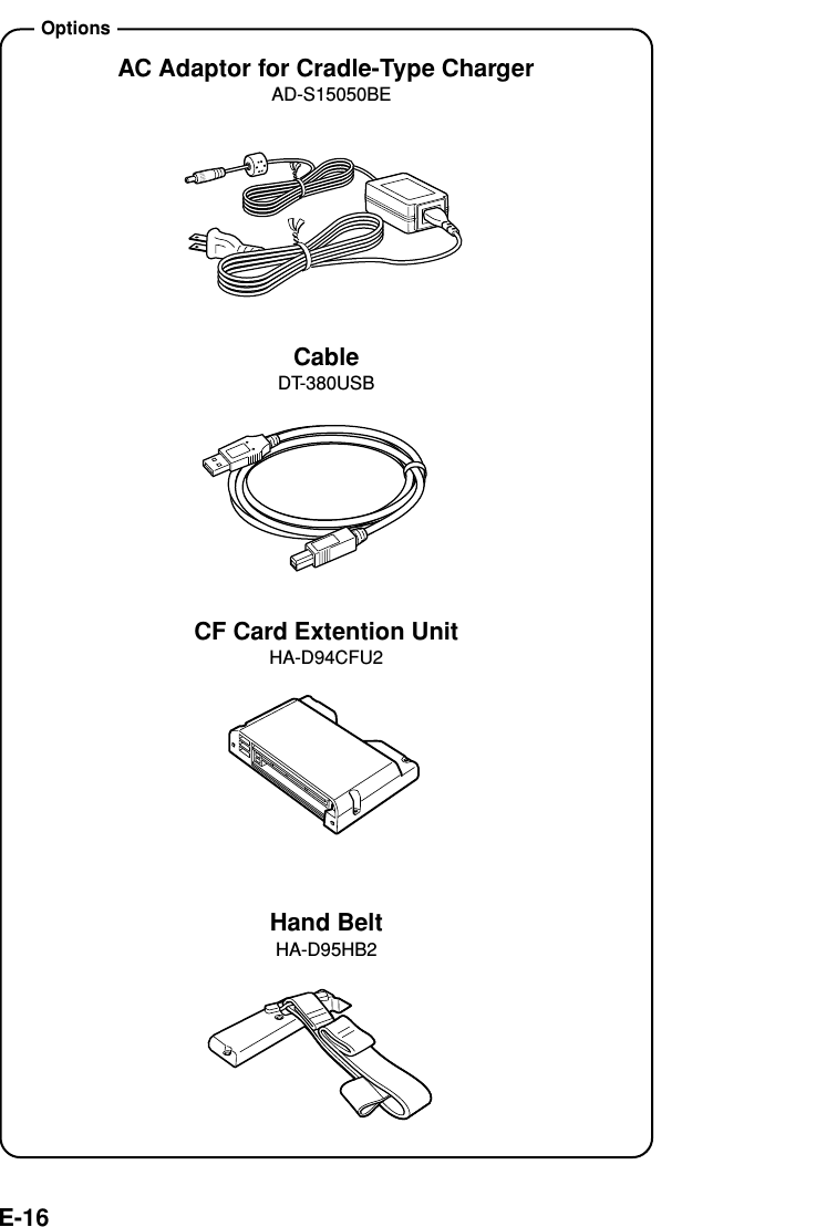 E-16CableDT-380USBAC Adaptor for Cradle-Type ChargerAD-S15050BECF Card Extention UnitHA-D94CFU2OptionsHand BeltHA-D95HB2