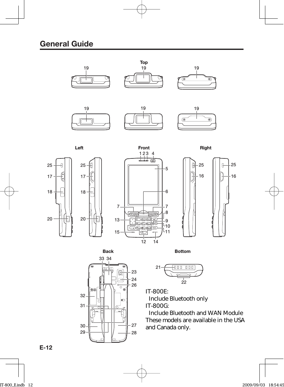 E-12General GuideBack Bottom232426272829313233 34302221Left Right25171820Front123 4568910111213141577251625171820251619IT-800RGC-05IT-800GC-0519IT-800R-05IT-800EC-0519IT-800RGC-15IT-800R-15IT-800RC-1519Top19IT-800R-35IT-800EC-35IT-800RC-3519IT-800RGC-35IT-800GC-35IT-800_E.indb   12IT-800_E.indb   12 2009/09/03   18:54:452009/09/03   18:54:45IT-800E:   Include Bluetooth only IT-800G:   Include Bluetooth and WAN Module These models are available in the USA and Canada only.