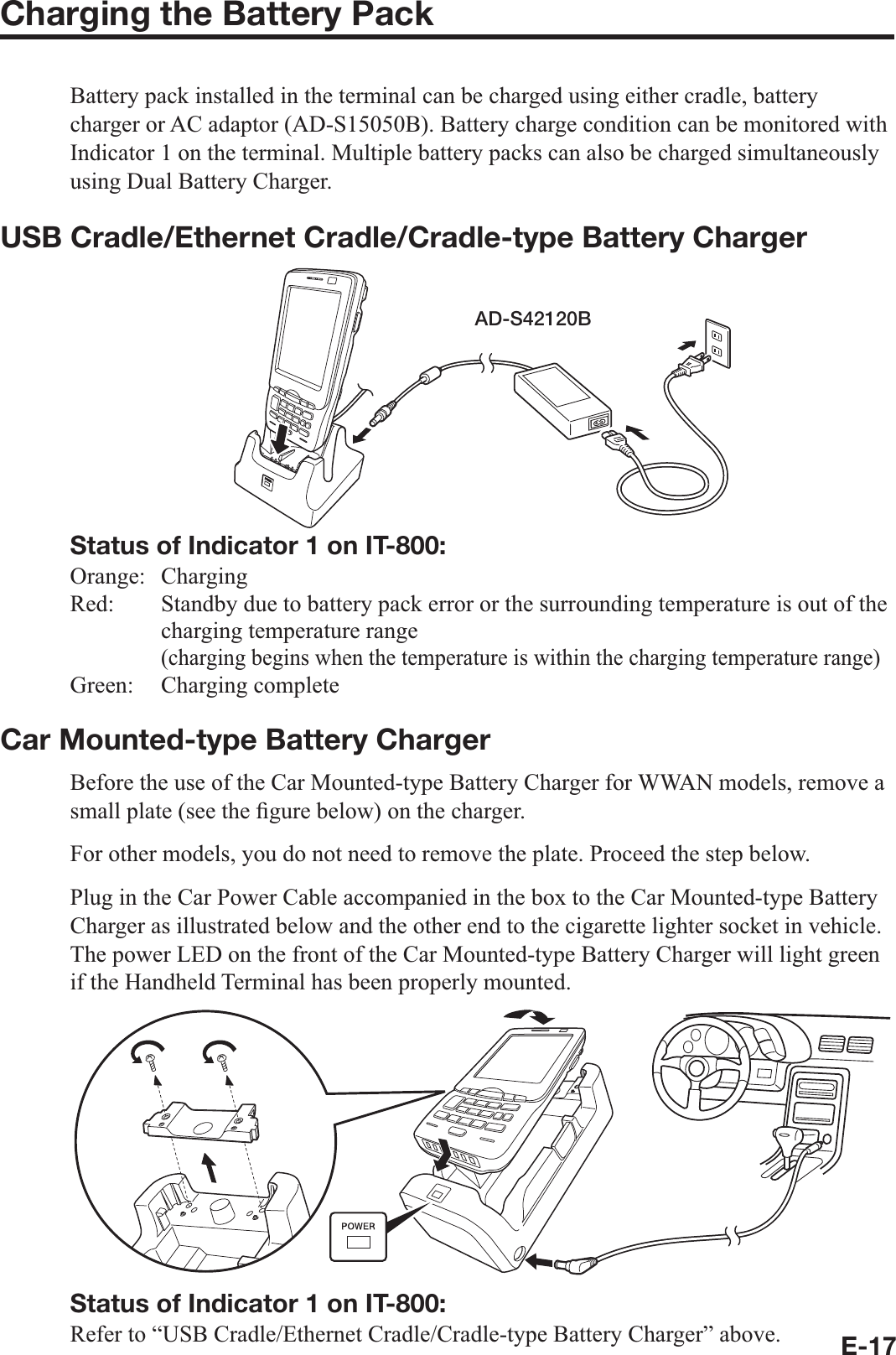 E-17Charging the Battery PackBattery pack installed in the terminal can be charged using either cradle, battery charger or AC adaptor (AD-S15050B). Battery charge condition can be monitored with Indicator 1 on the terminal. Multiple battery packs can also be charged simultaneously using Dual Battery Charger. USB Cradle/Ethernet Cradle/Cradle-type Battery ChargerAD-S42120BStatus of Indicator 1 on IT-800:Orange:   ChargingRed:   Standby due to battery pack error or the surrounding temperature is out of the charging temperature range (charging begins when the temperature is within the charging temperature range)Green:   Charging completeCar Mounted-type Battery ChargerBefore the use of the Car Mounted-type Battery Charger for WWAN models, remove a small plate (see the ¿ gure below) on the charger. For other models, you do not need to remove the plate. Proceed the step below. Plug in the Car Power Cable accompanied in the box to the Car Mounted-type Battery Charger as illustrated below and the other end to the cigarette lighter socket in vehicle.The power LED on the front of the Car Mounted-type Battery Charger will light green if the Handheld Terminal has been properly mounted.Status of Indicator 1 on IT-800:Refer to “USB Cradle/Ethernet Cradle/Cradle-type Battery Charger” above.