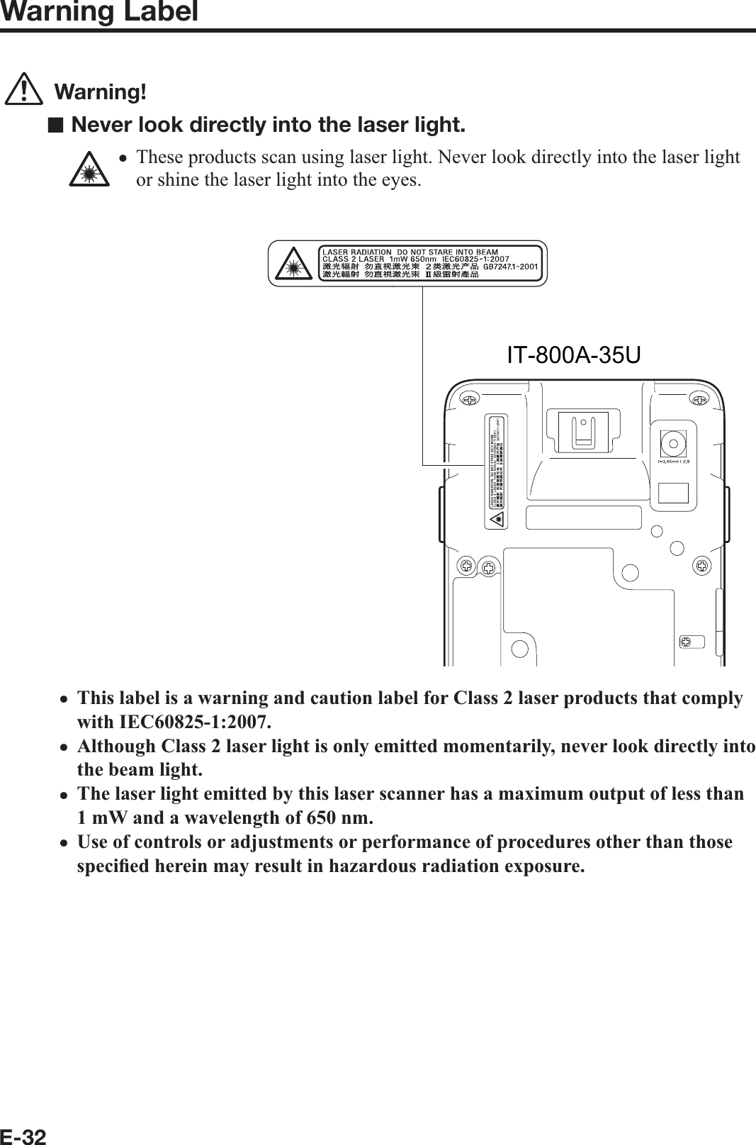 E-32Warning Label Warning!■ Never look directly into the laser light.These products scan using laser light. Never look directly into the laser light or shine the laser light into the eyes.IT-800R-15/RC-15/RGC-15/RGC-35IT-800R-35/A-35/RC-35/EC-35This label is a warning and caution label for Class 2 laser products that comply with IEC60825-1:2007.Although Class 2 laser light is only emitted momentarily, never look directly into the beam light.The laser light emitted by this laser scanner has a maximum output of less than 1 mW and a wavelength of 650 nm.Use of controls or adjustments or performance of procedures other than those speci¿ ed herein may result in hazardous radiation exposure.xxxxx         IT-800A-35U