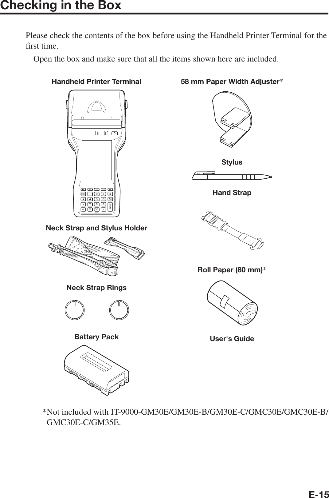 E-15Checking in the BoxPlease check the contents of the box before using the Handheld Printer Terminal for the ¿ rst time.  Open the box and make sure that all the items shown here are included.Handheld Printer TerminalNeck Strap and Stylus HolderStylusHand StrapRoll Paper (80 mm)*User&apos;s GuideNeck Strap RingsBattery Pack58 mm Paper Width Adjuster*  * Not included with IT-9000-GM30E/GM30E-B/GM30E-C/GMC30E/GMC30E-B/GMC30E-C/GM35E.