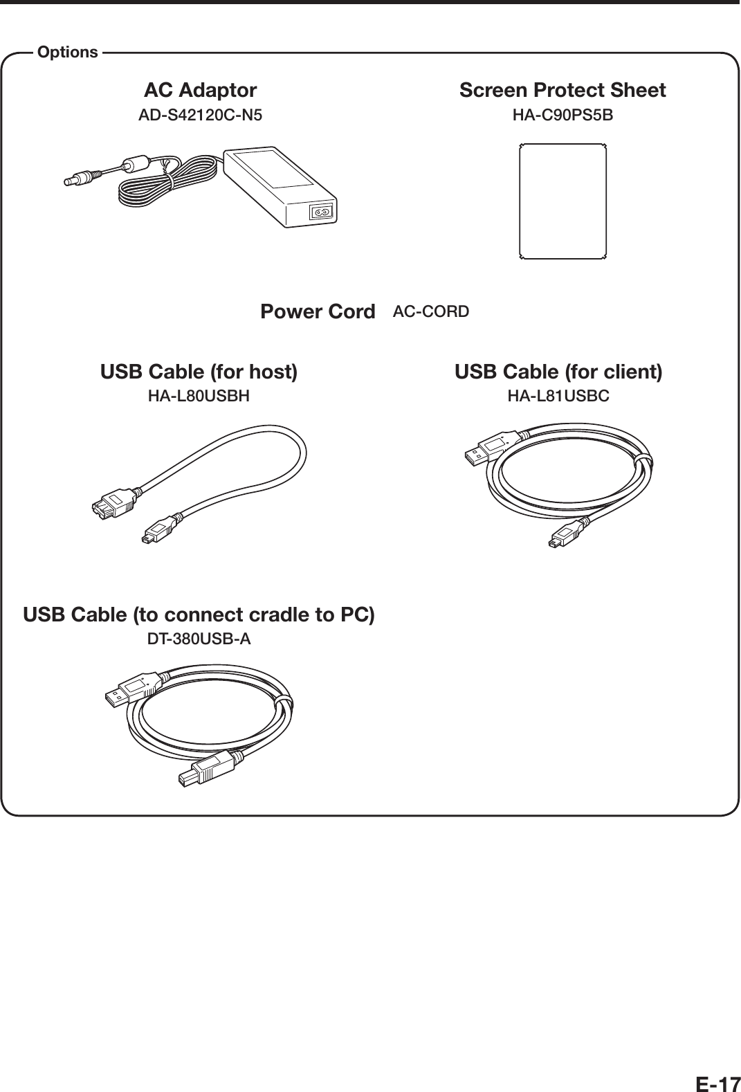 E-17Options AC AdaptorAD-S42120C-N5Screen Protect SheetHA-C90PS5BUSB Cable (to connect cradle to PC)DT-380USB-A Power Cord AC-CORDUSB Cable (for client)HA-L81USBCUSB Cable (for host)HA-L80USBH