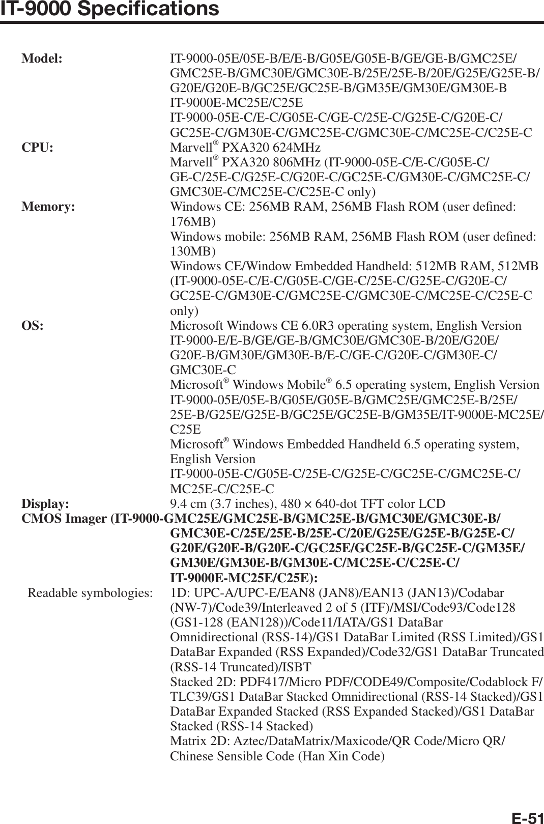 E-51IT-9000 Speciﬁ cations Model:  IT-9000-05E/05E-B/E/E-B/G05E/G05E-B/GE/GE-B/GMC25E/GMC25E-B/GMC30E/GMC30E-B/25E/25E-B/20E/G25E/G25E-B/G20E/G20E-B/GC25E/GC25E-B/GM35E/GM30E/GM30E-BIT-9000E-MC25E/C25EIT-9000-05E-C/E-C/G05E-C/GE-C/25E-C/G25E-C/G20E-C/GC25E-C/GM30E-C/GMC25E-C/GMC30E-C/MC25E-C/C25E-CCPU:   Marvell® PXA320 624MHzMarvell® PXA320 806MHz (IT-9000-05E-C/E-C/G05E-C/GE-C/25E-C/G25E-C/G20E-C/GC25E-C/GM30E-C/GMC25E-C/GMC30E-C/MC25E-C/C25E-C only)Memory:    Windows CE: 256MB RAM, 256MB Flash ROM (user de¿ ned: 176MB)Windows mobile: 256MB RAM, 256MB Flash ROM (user de¿ ned: 130MB)Windows CE/Window Embedded Handheld: 512MB RAM, 512MB (IT-9000-05E-C/E-C/G05E-C/GE-C/25E-C/G25E-C/G20E-C/GC25E-C/GM30E-C/GMC25E-C/GMC30E-C/MC25E-C/C25E-C only)OS:  Microsoft Windows CE 6.0R3 operating system, English Version IT-9000-E/E-B/GE/GE-B/GMC30E/GMC30E-B/20E/G20E/G20E-B/GM30E/GM30E-B/E-C/GE-C/G20E-C/GM30E-C/GMC30E-CMicrosoft® Windows Mobile® 6.5 operating system, English Version IT-9000-05E/05E-B/G05E/G05E-B/GMC25E/GMC25E-B/25E/25E-B/G25E/G25E-B/GC25E/GC25E-B/GM35E/IT-9000E-MC25E/C25EMicrosoft® Windows Embedded Handheld 6.5 operating system, English VersionIT-9000-05E-C/G05E-C/25E-C/G25E-C/GC25E-C/GMC25E-C/MC25E-C/C25E-CDisplay:   9.4 cm (3.7 inches), 480 × 640-dot TFT color LCDCMOS Imager (IT-9000-GMC25E/GMC25E-B/GMC25E-B/GMC30E/GMC30E-B/GMC30E-C/25E/25E-B/25E-C/20E/G25E/G25E-B/G25E-C/G20E/G20E-B/G20E-C/GC25E/GC25E-B/GC25E-C/GM35E/GM30E/GM30E-B/GM30E-C/MC25E-C/C25E-C/IT-9000E-MC25E/C25E):   Readable symbologies:  1D: UPC-A/UPC-E/EAN8 (JAN8)/EAN13 (JAN13)/Codabar (NW-7)/Code39/Interleaved 2 of 5 (ITF)/MSI/Code93/Code128 (GS1-128 (EAN128))/Code11/IATA/GS1 DataBarOmnidirectional (RSS-14)/GS1 DataBar Limited (RSS Limited)/GS1 DataBar Expanded (RSS Expanded)/Code32/GS1 DataBar Truncated (RSS-14 Truncated)/ISBTStacked 2D: PDF417/Micro PDF/CODE49/Composite/Codablock F/TLC39/GS1 DataBar Stacked Omnidirectional (RSS-14 Stacked)/GS1 DataBar Expanded Stacked (RSS Expanded Stacked)/GS1 DataBar Stacked (RSS-14 Stacked)Matrix 2D: Aztec/DataMatrix/Maxicode/QR Code/Micro QR/Chinese Sensible Code (Han Xin Code)
