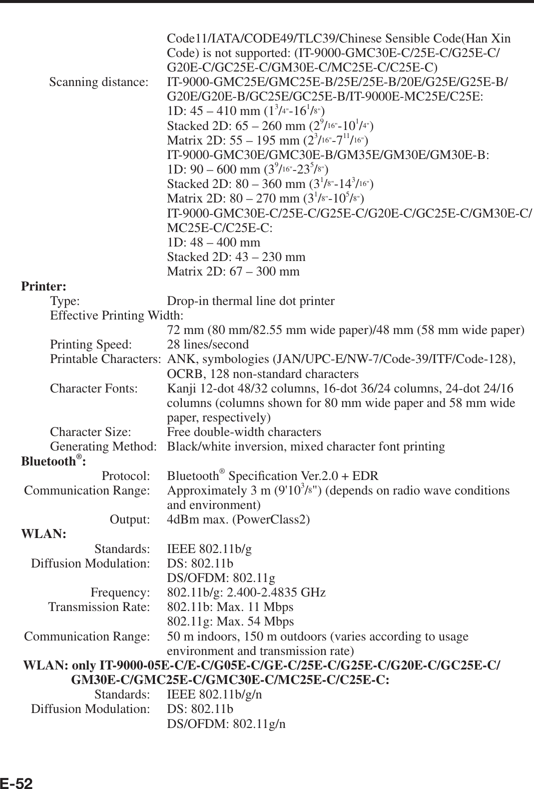 E-52    Code11/IATA/CODE49/TLC39/Chinese Sensible Code(Han Xin Code) is not supported: (IT-9000-GMC30E-C/25E-C/G25E-C/G20E-C/GC25E-C/GM30E-C/MC25E-C/C25E-C) Scanning distance: IT-9000-GMC25E/GMC25E-B/25E/25E-B/20E/G25E/G25E-B/G20E/G20E-B/GC25E/GC25E-B/IT-9000E-MC25E/C25E:1D: 45 – 410 mm (13/4&quot;-161/8&quot;)Stacked 2D: 65 – 260 mm (29/16&quot;-101/4&quot;) Matrix 2D: 55 – 195 mm (23/16&quot;-711/16&quot;)IT-9000-GMC30E/GMC30E-B/GM35E/GM30E/GM30E-B: 1D: 90 – 600 mm (39/16&quot;-235/8&quot;)Stacked 2D: 80 – 360 mm (31/8&quot;-143/16&quot;) Matrix 2D: 80 – 270 mm (31/8&quot;-105/8&quot;)IT-9000-GMC30E-C/25E-C/G25E-C/G20E-C/GC25E-C/GM30E-C/MC25E-C/C25E-C:1D: 48 – 400 mm Stacked 2D: 43 – 230 mm Matrix 2D: 67 – 300 mmPrinter:  Type:  Drop-in thermal line dot printer Effective Printing Width:    72 mm (80 mm/82.55 mm wide paper)/48 mm (58 mm wide paper)  Printing Speed:  28 lines/second  Printable Characters:  ANK, symbologies (JAN/UPC-E/NW-7/Code-39/ITF/Code-128), OCRB, 128 non-standard characters  Character Fonts:  Kanji 12-dot 48/32 columns, 16-dot 36/24 columns, 24-dot 24/16 columns (columns shown for 80 mm wide paper and 58 mm wide paper, respectively)  Character Size:  Free double-width characters  Generating Method:  Black/white inversion, mixed character font printingBluetooth®: Protocol: Bluetooth® Speci¿ cation Ver.2.0 + EDR Communication Range:  Approximately 3 m (9&apos;103/8&quot;) (depends on radio wave conditions and environment)  Output:  4dBm max. (PowerClass2)WLAN: Standards: IEEE 802.11b/g  Diffusion Modulation:  DS: 802.11b     DS/OFDM: 802.11g  Frequency:  802.11b/g: 2.400-2.4835 GHz  Transmission Rate:  802.11b: Max. 11 Mbps    802.11g: Max. 54 Mbps Communication Range:  50 m indoors, 150 m outdoors (varies according to usage environment and transmission rate)WLAN: only IT-9000-05E-C/E-C/G05E-C/GE-C/25E-C/G25E-C/G20E-C/GC25E-C/GM30E-C/GMC25E-C/GMC30E-C/MC25E-C/C25E-C: Standards: IEEE 802.11b/g/n  Diffusion Modulation:   DS: 802.11bDS/OFDM: 802.11g/n