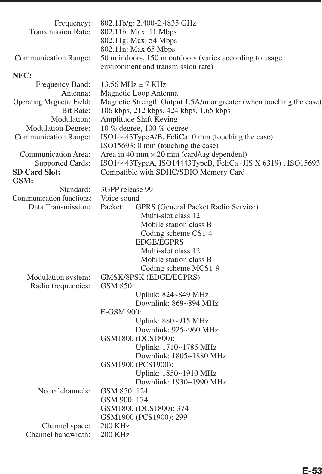 E-53  Frequency:  802.11b/g: 2.400-2.4835 GHz   Transmission Rate:  802.11b: Max. 11 Mbps802.11g: Max. 54 Mbps802.11n: Max 65 Mbps Communication Range:  50 m indoors, 150 m outdoors (varies according to usage environment and transmission rate)NFC:   Frequency Band:  13.56 MHz ± 7 KHz  Antenna: Magnetic Loop Antenna  Operating Magnetic Field:  Magnetic Strength Output 1.5A/m or greater (when touching the case)  Bit Rate:  106 kbps, 212 kbps, 424 kbps, 1.65 kbps   Modulation:  Amplitude Shift Keying   Modulation Degree:  10 % degree, 100 % degree  Communication Range:  ISO14443TypeA/B, FeliCa: 0 mm (touching the case)    ISO15693: 0 mm (touching the case)  Communication Area:  Area in 40 mm u 20 mm (card/tag dependent)  Supported Cards:  ISO14443TypeA, ISO14443TypeB, FeliCa (JIS X 6319) , ISO15693SD Card Slot:  Compatible with SDHC/SDIO Memory CardGSM:  Standard:  3GPP release 99 Communication functions: Voice sound  Data Transmission:  Packet:  GPRS (General Packet Radio Service)          Multi-slot class 12          Mobile station class B          Coding scheme CS1-4    EDGE/EGPRS          Multi-slot class 12          Mobile station class B          Coding scheme MCS1-9  Modulation system:  GMSK/8PSK (EDGE/EGPRS)  Radio frequencies:  GSM 850:        Uplink: 824~849 MHz        Downlink: 869~894 MHz  E-GSM 900:        Uplink: 880~915 MHz        Downlink: 925~960 MHz  GSM1800 (DCS1800):        Uplink: 1710~1785 MHz        Downlink: 1805~1880 MHz  GSM1900 (PCS1900):        Uplink: 1850~1910 MHz        Downlink: 1930~1990 MHz  No. of channels:  GSM 850: 124    GSM 900: 174    GSM1800 (DCS1800): 374    GSM1900 (PCS1900): 299  Channel space:  200 KHz  Channel bandwidth:  200 KHz