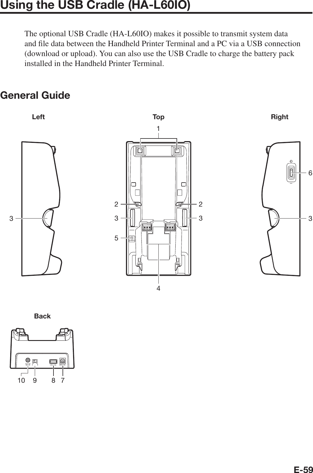 E-59Using the USB Cradle (HA-L60IO)The optional USB Cradle (HA-L60IO) makes it possible to transmit system data and ¿ le data between the Handheld Printer Terminal and a PC via a USB connection (download or upload). You can also use the USB Cradle to charge the battery pack installed in the Handheld Printer Terminal.General GuideLeft Top Right3133422536Back910 78