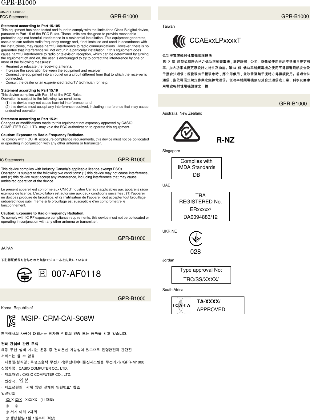  GPR-B1000  3452APP-CI/DI/EU FCC Statements  GPR-B1000  Statement according to Part 15.105 This equipment has been tested and found to comply with the limits for a Class B digital device, pursuant to Part 15 of the FCC Rules. These limits are designed to provide reasonable protection against harmful interference in a residential installation. This equipment generates, uses and can radiate radio frequency energy and, if not installed and used in accordance with the instructions, may cause harmful interference to radio communications. However, there is no guarantee that interference will not occur in a particular installation. If this equipment does cause harmful interference to radio or television reception, which can be determined by turning the equipment off and on, the user is encouraged to try to correct the interference by one or more of the following measures:  Reorient or relocate the receiving antenna.  Increase the separation between the equipment and receiver.  Connect the equipment into an outlet on a circuit different from that to which the receiver is connected.  Consult the dealer or an experienced radio/TV technician for help.    Statement according to Part 15.19 This device complies with Part 15 of the FCC Rules. Operation is subject to the following two conditions: (1) this device may not cause harmful interference, and (2) this device must accept any interference received, including interference that may cause undesired operation.  Statement according to Part 15.21 Changes or modifications made to this equipment not expressly approved by CASIO COMPUTER CO., LTD. may void the FCC authorization to operate this equipment.  Caution: Exposure to Radio Frequency Radiation. To comply with FCC RF exposure compliance requirements, this device must not be co-located or operating in conjunction with any other antenna or transmitter.  IC Statements  GPR-B1000  This device complies with Industry Canada’s applicable licence-exempt RSSs Operation is subject to the following two conditions: (1) this device may not cause interference, and (2) this device must accept any interference, including interference that may cause undesired operation of the device.  Le présent appareil est conforme aux CNR d’Industrie Canada applicables aux appareils radio exempts de licence. L’exploitation est autorisée aux deux conditions suivantes : (1) l’appareil ne doit pas produire de brouillage, et (2) l’utilisateur de l’appareil doit accepter tout brouillage radioélectrique subi, même si le brouillage est susceptible d’en compromettre le fonctionnement.  Caution: Exposure to Radio Frequency Radiation. To comply with IC RF exposure compliance requirements, this device must not be co-located or operating in conjunction with any other antenna or transmitter.    GPR-B1000  JAPAN    下記認証番号を付与された無線モジュールを内蔵しています  □R 007-AF0118    GPR-B1000  Korea, Republic of  MSIP- CRM-CAI-S08W   한국에서의 사용에 대해서는 전자파 적합의 인증 또는 등록을 받고 있습니다.  전파 간섭에 관한 주의 해당 무선 설비 기기는 운용 중 전파혼신 가능성이 있으므로 인명안전과 관련된   서비스는 할 수 없음.   ・제품명/형식명：특정소출력 무선기기(무선데이터통신시스템용 무선기기) /GPR-M1000・신청자명：CASIO COMPUTER CO., LTD. ・제조자명：CASIO COMPUTER CO., LTD. ・원산국：일본 ・제조년월일：시계 뒷면 덮개의 일련번호*  참조 일련번호 XX X XXX XXXXX (11자리) ① ②                  ① 서기 아래  2자리 ② 생산월일(1월  1일부터 적산)      GPR-B1000  Taiwan  CCAExxLPxxxxT   低功率電波輻射性電機管理辦法 第12  條 經型式認證合格之低功率射頻電機，非經許可，公司、商號或使用者均不得擅自變更頻率、加大功率或變更原設計之特性及功能。第14  條 低功率射頻電機之使用不得影響飛航安全及干擾合法通信；經發現有干擾現象時，應立即停用，並改善至無干擾時方得繼續使用。前項合法通信，指依電信法規定作業之無線電通信。低功率射頻電機須忍受合法通信或工業、科學及醫療用電波輻射性電機設備之干擾   GPR-B1000  Australia, New Zealand   R-NZ  Singapore  Complies with IMDA Standards DB  UAE  TRA REGISTERED No. ERxxxxx/ DA0094883/12   UKRINE       Jordan  Type approval No: TRC/SS/XXXX/  South Africa  TA-XXXX/ APPROVED    028 