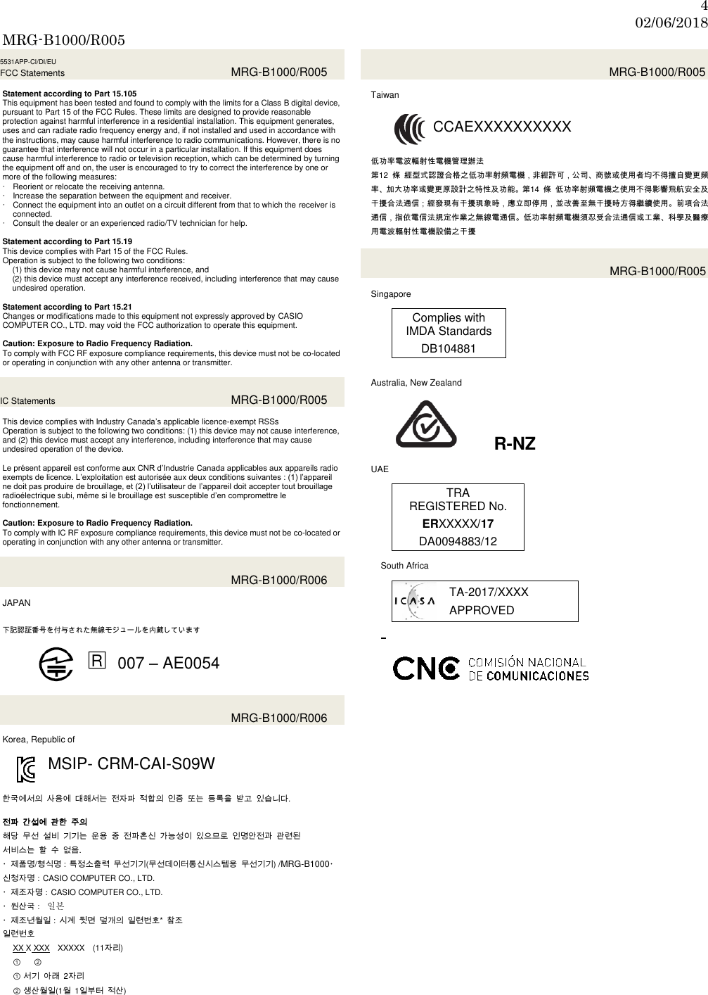 4 02/06/2018 MRG-B1000/R005  5531APP-CI/DI/EU FCC Statements  MRG-B1000/R005  Statement according to Part 15.105 This equipment has been tested and found to comply with the limits for a Class B digital device, pursuant to Part 15 of the FCC Rules. These limits are designed to provide reasonable protection against harmful interference in a residential installation. This equipment generates, uses and can radiate radio frequency energy and, if not installed and used in accordance with the instructions, may cause harmful interference to radio communications. However, there is no guarantee that interference will not occur in a particular installation. If this equipment does cause harmful interference to radio or television reception, which can be determined by turning the equipment off and on, the user is encouraged to try to correct the interference by one or more of the following measures:  Reorient or relocate the receiving antenna.  Increase the separation between the equipment and receiver.  Connect the equipment into an outlet on a circuit different from that to which the receiver is connected.  Consult the dealer or an experienced radio/TV technician for help.    Statement according to Part 15.19 This device complies with Part 15 of the FCC Rules. Operation is subject to the following two conditions: (1) this device may not cause harmful interference, and (2) this device must accept any interference received, including interference that may cause undesired operation.  Statement according to Part 15.21 Changes or modifications made to this equipment not expressly approved by CASIO COMPUTER CO., LTD. may void the FCC authorization to operate this equipment.  Caution: Exposure to Radio Frequency Radiation. To comply with FCC RF exposure compliance requirements, this device must not be co-located or operating in conjunction with any other antenna or transmitter.  IC Statements  MRG-B1000/R005  This device complies with Industry Canada’s applicable licence-exempt RSSs Operation is subject to the following two conditions: (1) this device may not cause interference, and (2) this device must accept any interference, including interference that may cause undesired operation of the device.  Le présent appareil est conforme aux CNR d’Industrie Canada applicables aux appareils radio exempts de licence. L’exploitation est autorisée aux deux conditions suivantes : (1) l’appareil ne doit pas produire de brouillage, et (2) l’utilisateur de l’appareil doit accepter tout brouillage radioélectrique subi, même si le brouillage est susceptible d’en compromettre le fonctionnement.  Caution: Exposure to Radio Frequency Radiation. To comply with IC RF exposure compliance requirements, this device must not be co-located or operating in conjunction with any other antenna or transmitter.    MRG-B1000/R006  JAPAN    下記認証番号を付与された無線モジュールを内蔵しています  □R 007 – AE0054    MRG-B1000/R006  Korea, Republic of  MSIP- CRM-CAI-S09W   한국에서의 사용에 대해서는 전자파 적합의 인증 또는 등록을 받고 있습니다.  전파 간섭에 관한 주의 해당 무선 설비 기기는 운용 중 전파혼신 가능성이 있으므로 인명안전과 관련된   서비스는 할 수 없음.   ・제품명/형식명：특정소출력 무선기기(무선데이터통신시스템용 무선기기) /MRG-B1000・신청자명：CASIO COMPUTER CO., LTD. ・제조자명：CASIO COMPUTER CO., LTD. ・원산국： 일본 ・제조년월일：시계 뒷면 덮개의 일련번호*  참조 일련번호 XX X XXX XXXXX (11자리) ① ②                  ① 서기 아래  2자리 ② 생산월일(1월  1일부터 적산)      MRG-B1000/R005  Taiwan  CCAEXXXXXXXXXX   低功率電波輻射性電機管理辦法 第12  條 經型式認證合格之低功率射頻電機，非經許可，公司、商號或使用者均不得擅自變更頻率、加大功率或變更原設計之特性及功能。第14  條 低功率射頻電機之使用不得影響飛航安全及干擾合法通信；經發現有干擾現象時，應立即停用，並改善至無干擾時方得繼續使用。前項合法通信，指依電信法規定作業之無線電通信。低功率射頻電機須忍受合法通信或工業、科學及醫療用電波輻射性電機設備之干擾    MRG-B1000/R005  Singapore  Complies with IMDA Standards DB104881   Australia, New Zealand   R-NZ  UAE  TRA REGISTERED No. ERXXXXX/17 DA0094883/12  South Africa  TA-2017/XXXX APPROVED                 