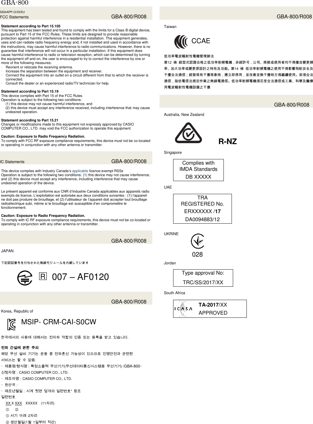  GBA-800  5554APP-CI/DI/EU FCC Statements  GBA-800/R008  Statement according to Part 15.105 This equipment has been tested and found to comply with the limits for a Class B digital device, pursuant to Part 15 of the FCC Rules. These limits are designed to provide reasonable protection against harmful interference in a residential installation. This equipment generates, uses and can radiate radio frequency energy and, if not installed and used in accordance with the instructions, may cause harmful interference to radio communications. However, there is no guarantee that interference will not occur in a particular installation. If this equipment does cause harmful interference to radio or television reception, which can be determined by turning the equipment off and on, the user is encouraged to try to correct the interference by one or more of the following measures:  Reorient or relocate the receiving antenna.  Increase the separation between the equipment and receiver.  Connect the equipment into an outlet on a circuit different from that to which the receiver is connected.  Consult the dealer or an experienced radio/TV technician for help.    Statement according to Part 15.19 This device complies with Part 15 of the FCC Rules. Operation is subject to the following two conditions: (1) this device may not cause harmful interference, and (2) this device must accept any interference received, including interference that may cause undesired operation.  Statement according to Part 15.21 Changes or modifications made to this equipment not expressly approved by CASIO COMPUTER CO., LTD. may void the FCC authorization to operate this equipment.  Caution: Exposure to Radio Frequency Radiation. To comply with FCC RF exposure compliance requirements, this device must not be co-located or operating in conjunction with any other antenna or transmitter.  IC Statements  GBA-800/R008  This device complies with Industry Canada’s applicable licence-exempt RSSs Operation is subject to the following two conditions: (1) this device may not cause interference, and (2) this device must accept any interference, including interference that may cause undesired operation of the device.  Le présent appareil est conforme aux CNR d’Industrie Canada applicables aux appareils radio exempts de licence. L’exploitation est autorisée aux deux conditions suivantes : (1) l’appareil ne doit pas produire de brouillage, et (2) l’utilisateur de l’appareil doit accepter tout brouillage radioélectrique subi, même si le brouillage est susceptible d’en compromettre le fonctionnement.  Caution: Exposure to Radio Frequency Radiation. To comply with IC RF exposure compliance requirements, this device must not be co-located or operating in conjunction with any other antenna or transmitter.    GBA-800/R008  JAPAN    下記認証番号を付与された無線モジュールを内蔵しています  □R 007 – AF0120    GBA-800/R008  Korea, Republic of  MSIP- CRM-CAI-S0CW   한국에서의 사용에 대해서는 전자파 적합의 인증 또는 등록을 받고 있습니다.  전파 간섭에 관한 주의 해당 무선 설비 기기는 운용 중 전파혼신 가능성이 있으므로 인명안전과 관련된   서비스는 할 수 없음.   ・제품명/형식명：특정소출력 무선기기(무선데이터통신시스템용 무선기기) /GBA-800・신청자명：CASIO COMPUTER CO., LTD. ・제조자명：CASIO COMPUTER CO., LTD. ・원산국：   ・제조년월일：시계 뒷면 덮개의 일련번호*  참조 일련번호 XX X XXX XXXXX (11자리) ① ②                  ① 서기 아래  2자리 ② 생산월일(1월  1일부터 적산)      GBA-800/R008  Taiwan  CCAE   低功率電波輻射性電機管理辦法 第12  條 經型式認證合格之低功率射頻電機，非經許可，公司、商號或使用者均不得擅自變更頻率、加大功率或變更原設計之特性及功能。第14  條 低功率射頻電機之使用不得影響飛航安全及干擾合法通信；經發現有干擾現象時，應立即停用，並改善至無干擾時方得繼續使用。前項合法通信，指依電信法規定作業之無線電通信。低功率射頻電機須忍受合法通信或工業、科學及醫療用電波輻射性電機設備之干擾   GBA-800/R008  Australia, New Zealand   R-NZ  Singapore  Complies with IMDA Standards DB XXXXX  UAE  TRA REGISTERED No. ERXXXXXX /17 DA0094883/12   UKRINE       Jordan  Type approval No: TRC/SS/2017/XX  South Africa  TA-2017/XX APPROVED    028 