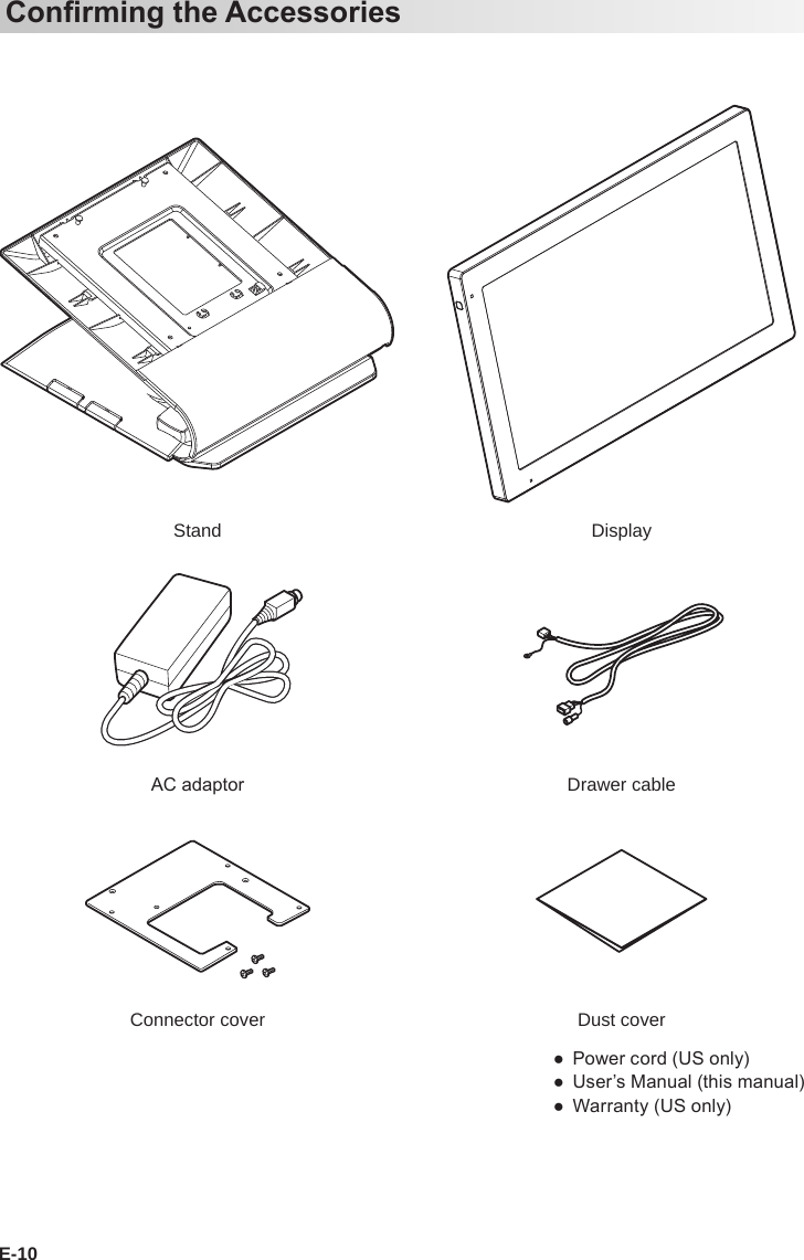 E-10Conrming the AccessoriesStand DisplayAC adaptor Drawer cableConnector cover Dust cover ● Power cord (US only) ●User’s Manual (this manual) ● Warranty (US only)