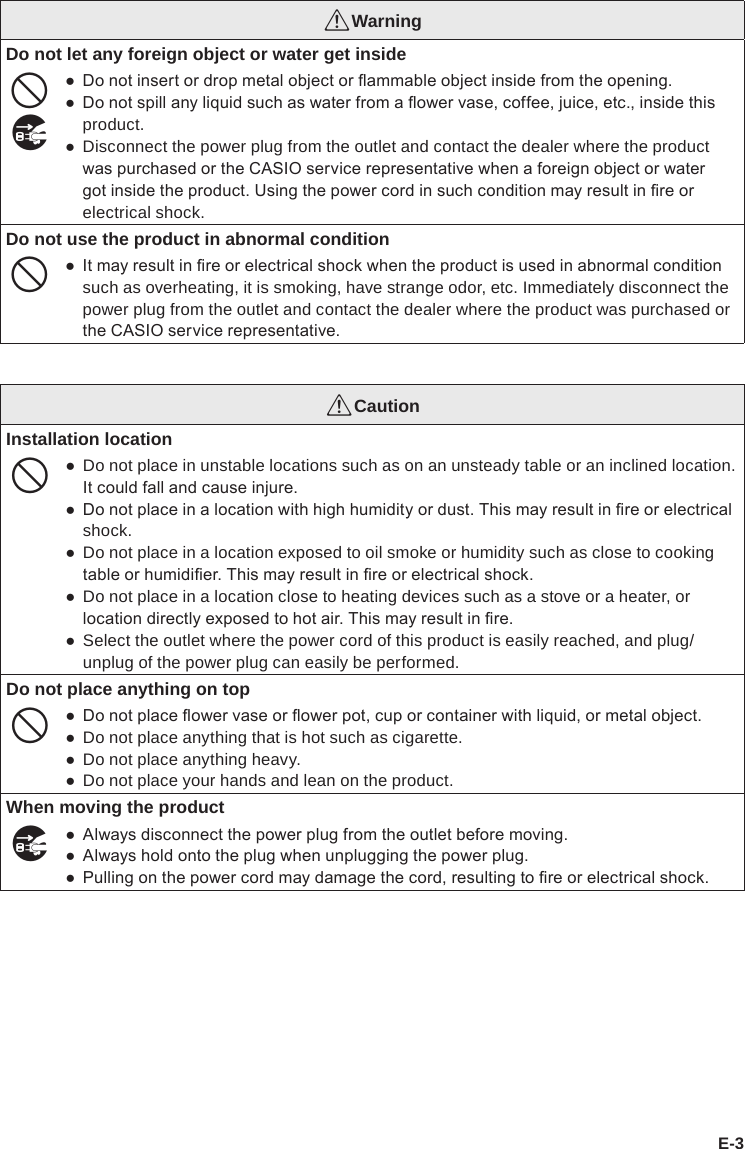 E-3*WarningDo not let any foreign object or water get inside-$ ● Do not insert or drop metal object or ammable object inside from the opening. ● Do not spill any liquid such as water from a ower vase, coffee, juice, etc., inside this product. ●Disconnect the power plug from the outlet and contact the dealer where the product was purchased or the CASIO service representative when a foreign object or water got inside the product. Using the power cord in such condition may result in re or electrical shock.Do not use the product in abnormal condition- ● It may result in re or electrical shock when the product is used in abnormal condition such as overheating, it is smoking, have strange odor, etc. Immediately disconnect the power plug from the outlet and contact the dealer where the product was purchased or the CASIO service representative.*CautionInstallation location- ●Do not place in unstable locations such as on an unsteady table or an inclined location. It could fall and cause injure. ● Do not place in a location with high humidity or dust. This may result in re or electrical shock. ●Do not place in a location exposed to oil smoke or humidity such as close to cooking table or humidier. This may result in re or electrical shock. ●Do not place in a location close to heating devices such as a stove or a heater, or location directly exposed to hot air. This may result in re. ●Select the outlet where the power cord of this product is easily reached, and plug/unplug of the power plug can easily be performed.Do not place anything on top- ● Do not place ower vase or ower pot, cup or container with liquid, or metal object. ●Do not place anything that is hot such as cigarette. ●Do not place anything heavy. ●Do not place your hands and lean on the product.When moving the product$ ● Always disconnect the power plug from the outlet before moving. ● Always hold onto the plug when unplugging the power plug. ● Pulling on the power cord may damage the cord, resulting to re or electrical shock.