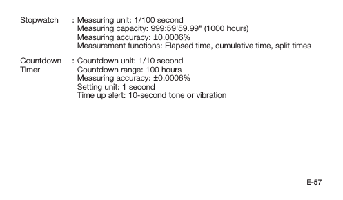 E-57Stopwatch : Measuring unit: 1/100 secondMeasuring capacity:  999:59&apos;59.99&quot; (1000 hours)Measuring accuracy: ±0.0006%Measurement functions:  Elapsed time, cumulative time, split timesCountdown Timer: Countdown unit: 1/10 secondCountdown range: 100 hoursMeasuring accuracy: ±0.0006%Setting unit: 1 secondTime up alert:  10-second tone or vibration