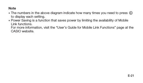 E-21Note • The numbers in the above diagram indicate how many times you need to press C to display each setting. • Power Saving is a function that saves power by limiting the availability of Mobile Link functions.  For more information, visit the “User’s Guide for Mobile Link Functions” page at the CASIO website.