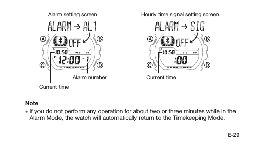 E-29Alarm setting screenAlarm numberCurrent timeHourly time signal setting screenCurrent timeNote • If you do not perform any operation for about two or three minutes while in the Alarm Mode, the watch will automatically return to the Timekeeping Mode.