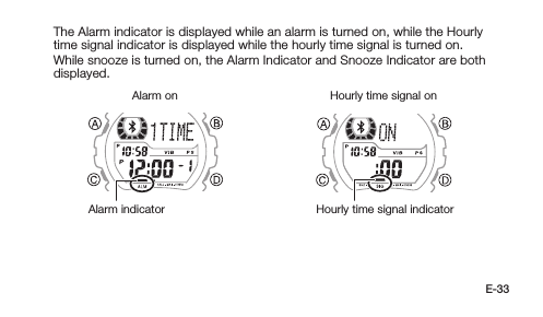 E-33 The Alarm indicator is displayed while an alarm is turned on, while the Hourly time signal indicator is displayed while the hourly time signal is turned on. While snooze is turned on, the Alarm Indicator and Snooze Indicator are both displayed.Hourly time signal onHourly time signal indicatorAlarm onAlarm indicator