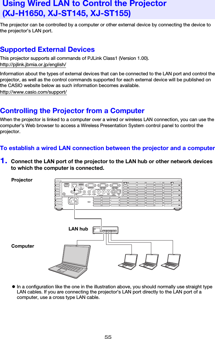 55The projector can be controlled by a computer or other external device by connecting the device to the projector’s LAN port.Supported External DevicesThis projector supports all commands of PJLink Class1 (Version 1.00).http://pjlink.jbmia.or.jp/english/Information about the types of external devices that can be connected to the LAN port and control the projector, as well as the control commands supported for each external device will be published on the CASIO website below as such information becomes available.http://www.casio.com/support/Controlling the Projector from a ComputerWhen the projector is linked to a computer over a wired or wireless LAN connection, you can use the computer’s Web browser to access a Wireless Presentation System control panel to control the projector.To establish a wired LAN connection between the projector and a computer1.Connect the LAN port of the projector to the LAN hub or other network devices to which the computer is connected.zIn a configuration like the one in the illustration above, you should normally use straight type LAN cables. If you are connecting the projector’s LAN port directly to the LAN port of a computer, use a cross type LAN cable.Using Wired LAN to Control the Projector (XJ-H1650, XJ-ST145, XJ-ST155)ProjectorComputerLAN hub