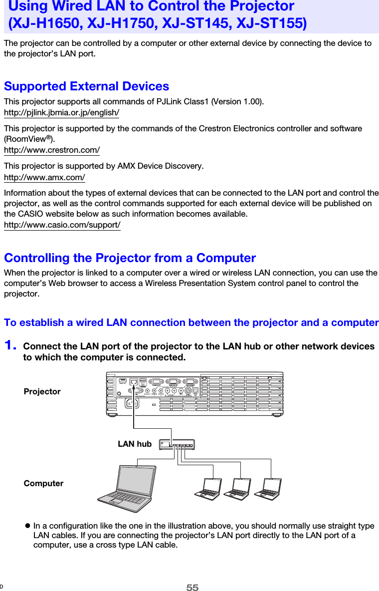 55The projector can be controlled by a computer or other external device by connecting the device to the projector’s LAN port.Supported External DevicesThis projector supports all commands of PJLink Class1 (Version 1.00).http://pjlink.jbmia.or.jp/english/This projector is supported by the commands of the Crestron Electronics controller and software (RoomView®).http://www.crestron.com/This projector is supported by AMX Device Discovery.http://www.amx.com/Information about the types of external devices that can be connected to the LAN port and control the projector, as well as the control commands supported for each external device will be published on the CASIO website below as such information becomes available.http://www.casio.com/support/Controlling the Projector from a ComputerWhen the projector is linked to a computer over a wired or wireless LAN connection, you can use the computer’s Web browser to access a Wireless Presentation System control panel to control the projector.To establish a wired LAN connection between the projector and a computer1.Connect the LAN port of the projector to the LAN hub or other network devices to which the computer is connected.zIn a configuration like the one in the illustration above, you should normally use straight type LAN cables. If you are connecting the projector’s LAN port directly to the LAN port of a computer, use a cross type LAN cable.Using Wired LAN to Control the Projector (XJ-H1650, XJ-H1750, XJ-ST145, XJ-ST155)ProjectorComputerLAN hubD