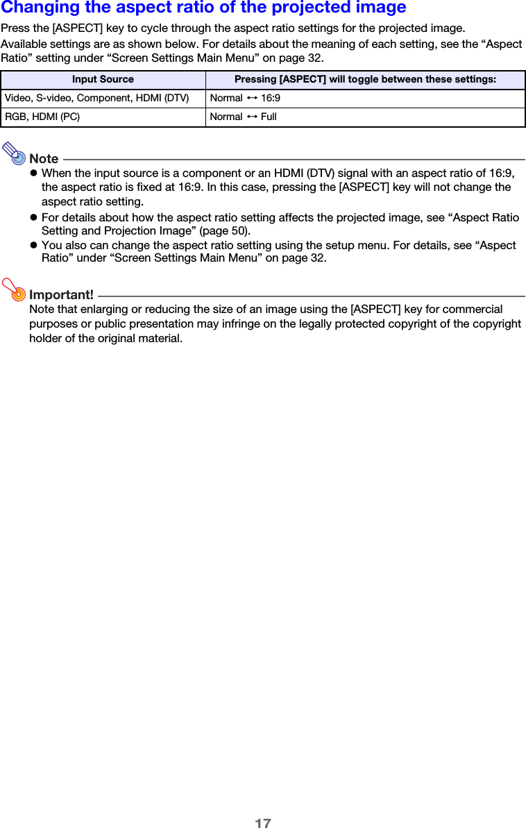 17Changing the aspect ratio of the projected imagePress the [ASPECT] key to cycle through the aspect ratio settings for the projected image.Available settings are as shown below. For details about the meaning of each setting, see the “Aspect Ratio” setting under “Screen Settings Main Menu” on page 32.NotezWhen the input source is a component or an HDMI (DTV) signal with an aspect ratio of 16:9, the aspect ratio is fixed at 16:9. In this case, pressing the [ASPECT] key will not change the aspect ratio setting.zFor details about how the aspect ratio setting affects the projected image, see “Aspect Ratio Setting and Projection Image” (page 50).zYou also can change the aspect ratio setting using the setup menu. For details, see “Aspect Ratio” under “Screen Settings Main Menu” on page 32.Important!Note that enlarging or reducing the size of an image using the [ASPECT] key for commercial purposes or public presentation may infringe on the legally protected copyright of the copyright holder of the original material.Input Source Pressing [ASPECT] will toggle between these settings:Video, S-video, Component, HDMI (DTV) Normal  16:9RGB, HDMI (PC) Normal  Full