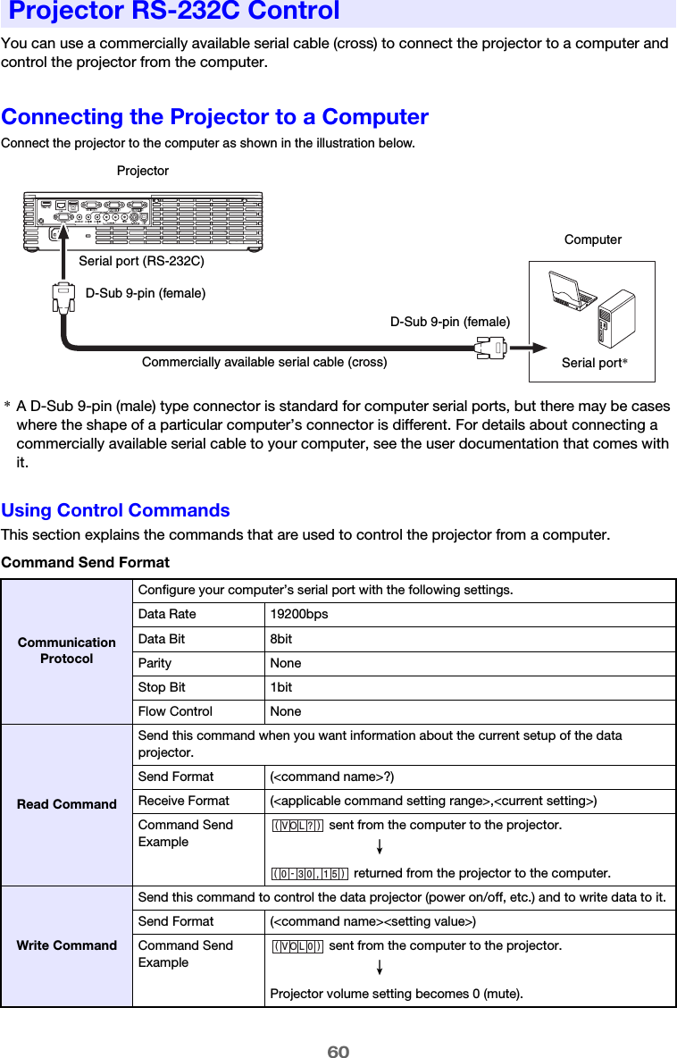 60You can use a commercially available serial cable (cross) to connect the projector to a computer and control the projector from the computer.Connecting the Projector to a ComputerConnect the projector to the computer as shown in the illustration below.*A D-Sub 9-pin (male) type connector is standard for computer serial ports, but there may be cases where the shape of a particular computer’s connector is different. For details about connecting a commercially available serial cable to your computer, see the user documentation that comes with it.Using Control CommandsThis section explains the commands that are used to control the projector from a computer.Command Send FormatProjector RS-232C ControlCommunication ProtocolConfigure your computer’s serial port with the following settings.Data Rate 19200bpsData Bit 8bitParity NoneStop Bit 1bitFlow Control NoneRead CommandSend this command when you want information about the current setup of the data projector.Send Format (&lt;command name&gt;?)Receive Format (&lt;applicable command setting range&gt;,&lt;current setting&gt;)Command Send Example sent from the computer to the projector.4 returned from the projector to the computer.Write CommandSend this command to control the data projector (power on/off, etc.) and to write data to it.Send Format (&lt;command name&gt;&lt;setting value&gt;)Command Send Example sent from the computer to the projector.4Projector volume setting becomes 0 (mute).ProjectorCommercially available serial cable (cross)ComputerSerial port (RS-232C)D-Sub 9-pin (female)Serial port*D-Sub 9-pin (female)(VOL ? )(0-30,15)(VOL 0 )