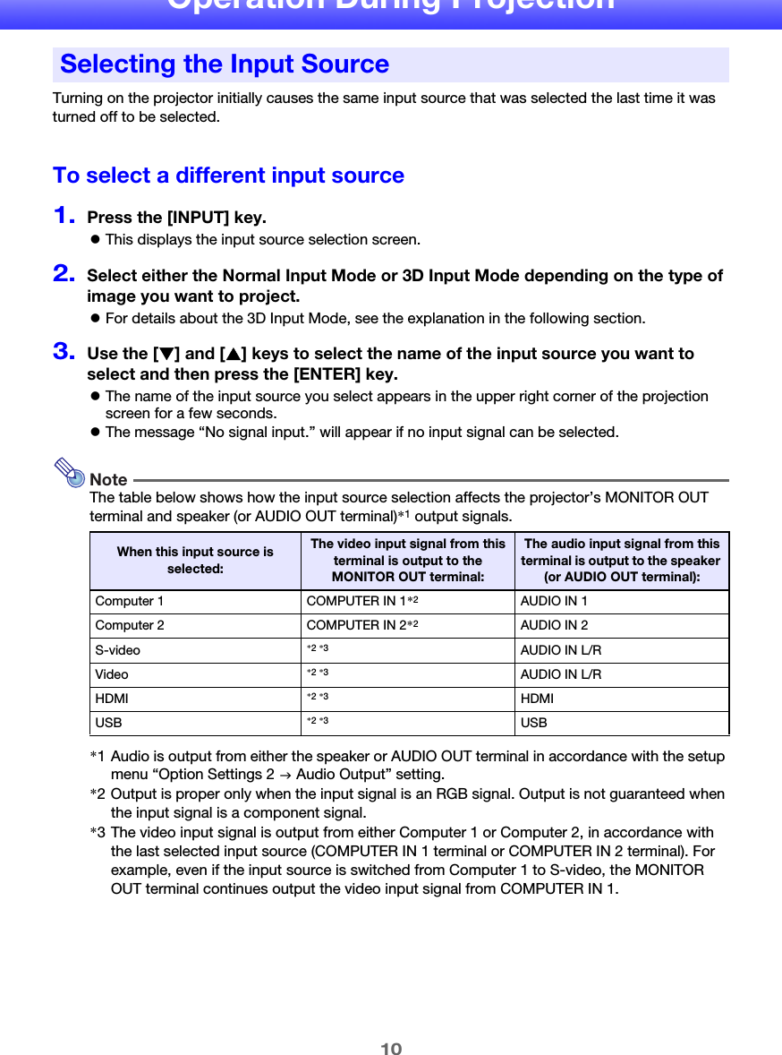 10Operation During ProjectionTurning on the projector initially causes the same input source that was selected the last time it was turned off to be selected.To select a different input source1.Press the [INPUT] key.zThis displays the input source selection screen.2.Select either the Normal Input Mode or 3D Input Mode depending on the type of image you want to project.zFor details about the 3D Input Mode, see the explanation in the following section.3.Use the [T] and [S] keys to select the name of the input source you want to select and then press the [ENTER] key.zThe name of the input source you select appears in the upper right corner of the projection screen for a few seconds.zThe message “No signal input.” will appear if no input signal can be selected.NoteThe table below shows how the input source selection affects the projector’s MONITOR OUT terminal and speaker (or AUDIO OUT terminal)*1 output signals.Selecting the Input SourceWhen this input source is selected:The video input signal from this terminal is output to the MONITOR OUT terminal:The audio input signal from this terminal is output to the speaker (or AUDIO OUT terminal):Computer 1 COMPUTER IN 1*2AUDIO IN 1Computer 2 COMPUTER IN 2*2AUDIO IN 2S-video *2 *3AUDIO IN L/RVideo *2 *3AUDIO IN L/RHDMI *2 *3HDMIUSB *2 *3USB*1 Audio is output from either the speaker or AUDIO OUT terminal in accordance with the setup menu “Option Settings 2 J Audio Output” setting.*2 Output is proper only when the input signal is an RGB signal. Output is not guaranteed when the input signal is a component signal.*3 The video input signal is output from either Computer 1 or Computer 2, in accordance with the last selected input source (COMPUTER IN 1 terminal or COMPUTER IN 2 terminal). For example, even if the input source is switched from Computer 1 to S-video, the MONITOR OUT terminal continues output the video input signal from COMPUTER IN 1.